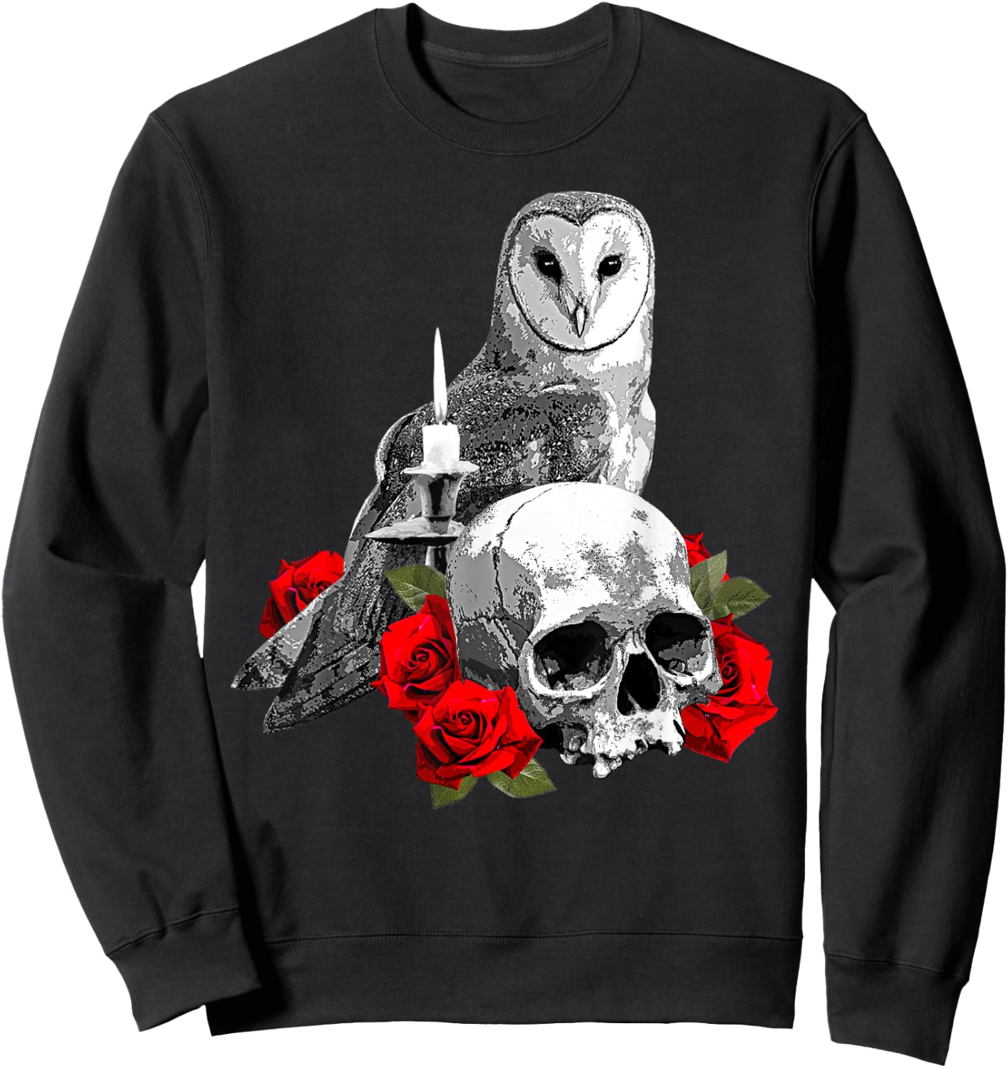 Spooky Witch Skull, Wiccan Owl and Candle with Red Roses Sweatshirt - Sweatshirt | Black