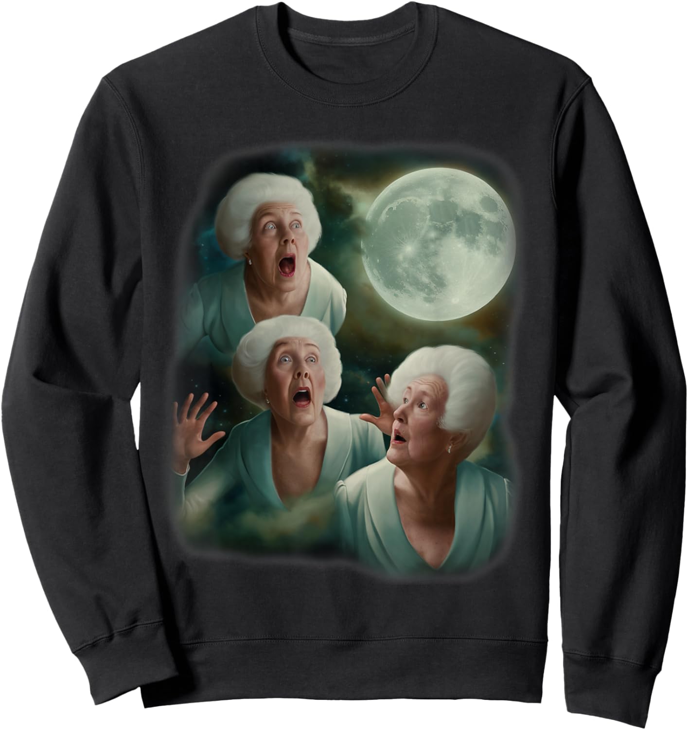 Three Granny Moon | 3 Old Ladys Howling Weird Cursed Meme Sweatshirt - Sweatshirt | Black