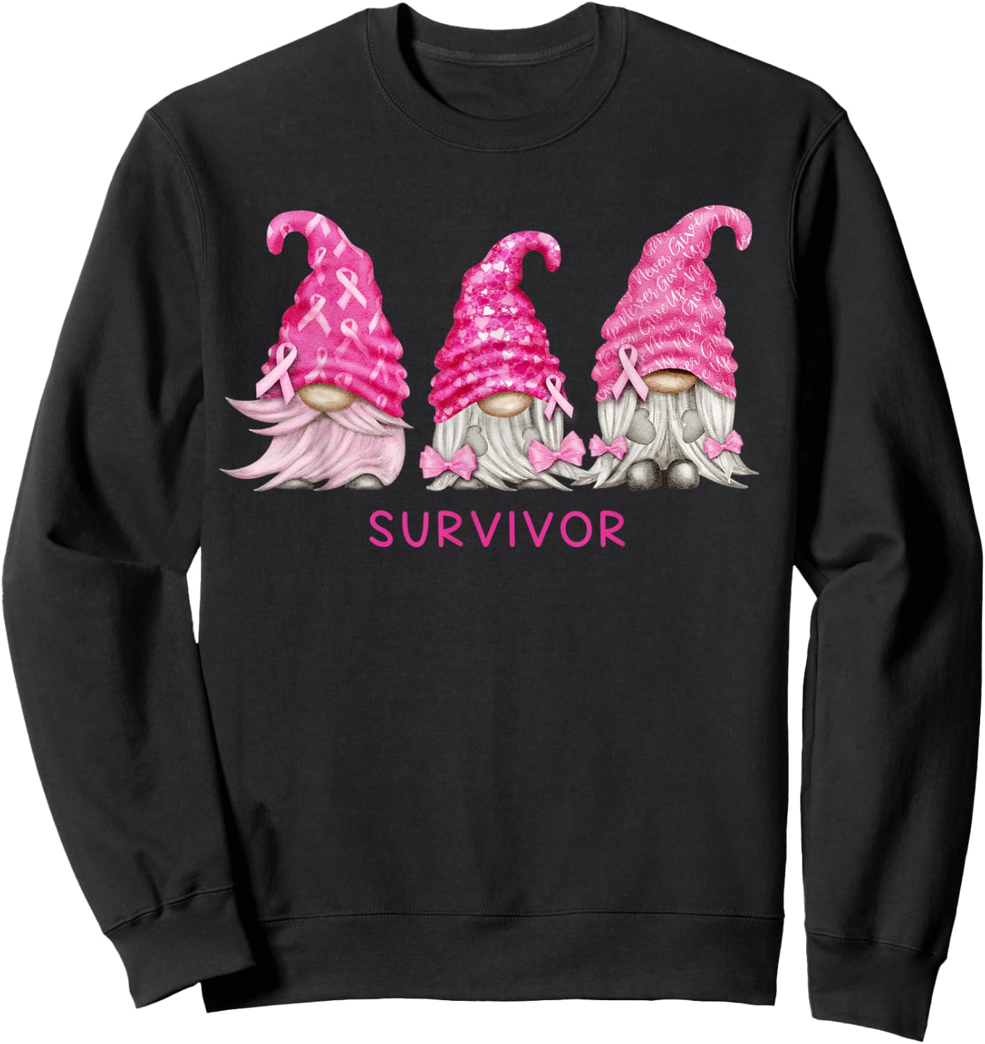 Gnome Breast Cancer Survivor Pink October Ribbon Awareness Sweatshirt - Sweatshirt | Black
