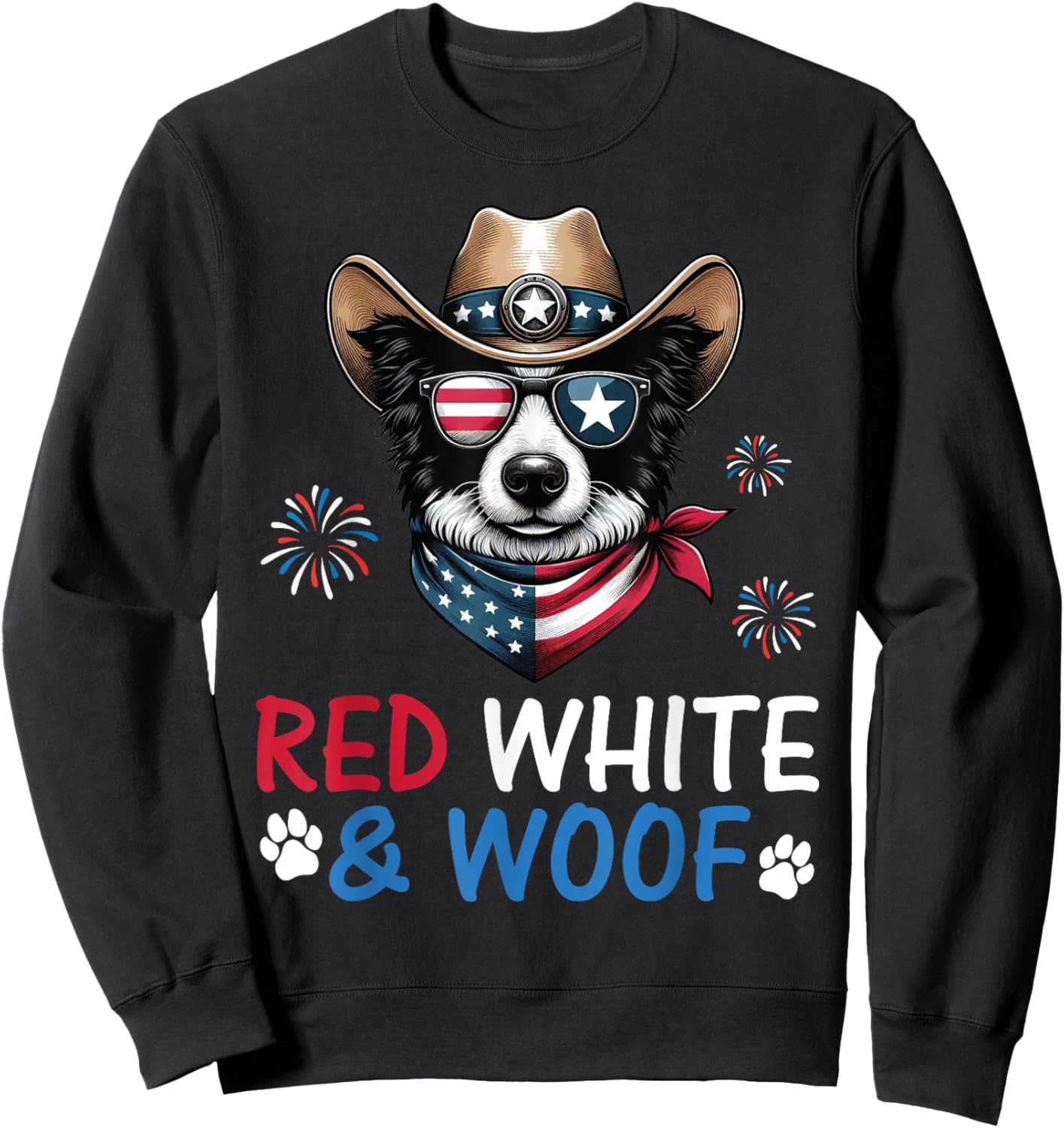 Border Collie Cowboy Costume Fireworks Red White and Woof Sweatshirt - Sweatshirt | Black
