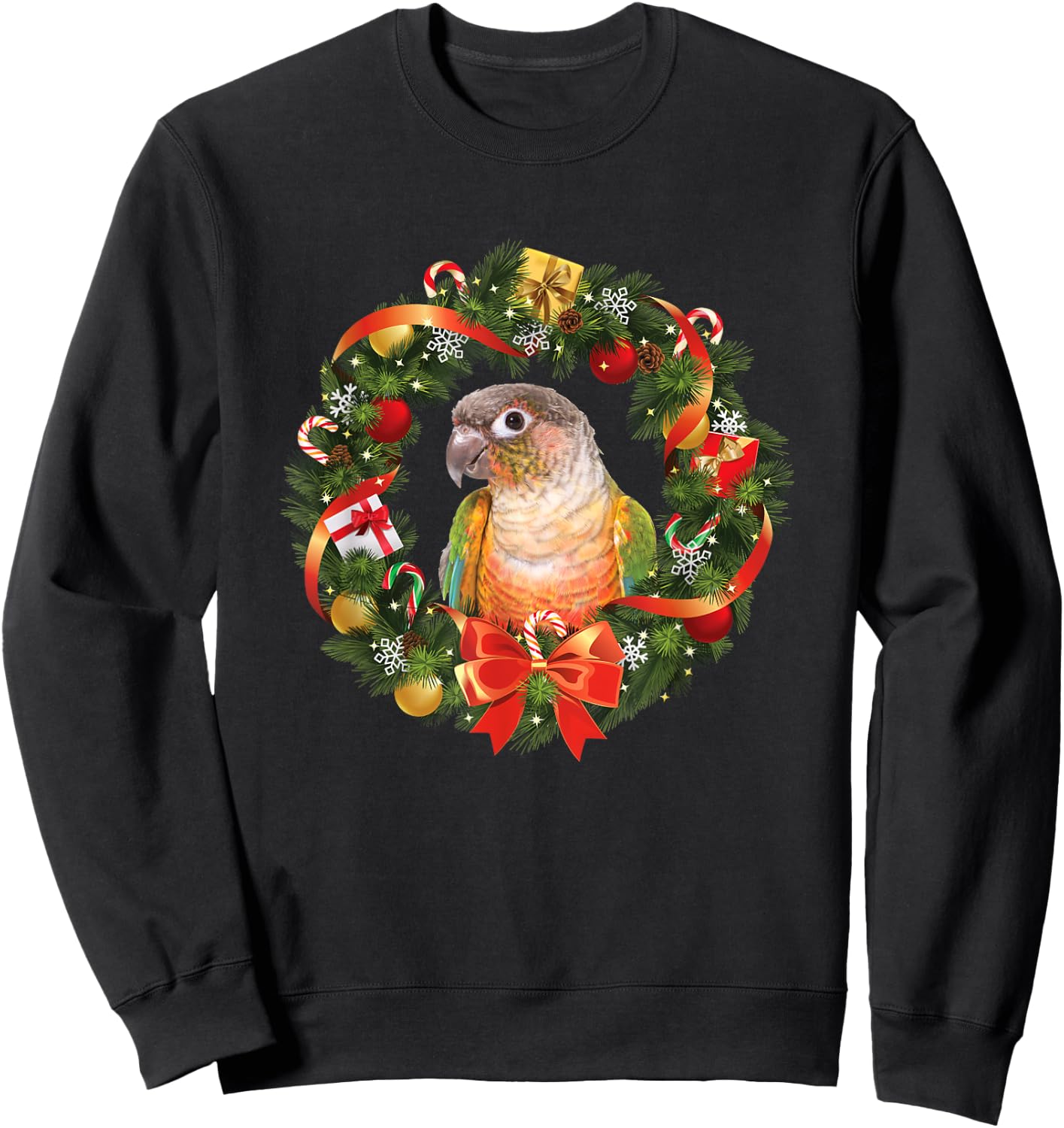 Green Cheek Conure Parrot Christmas Wreath Sweatshirt - Sweatshirt | Black