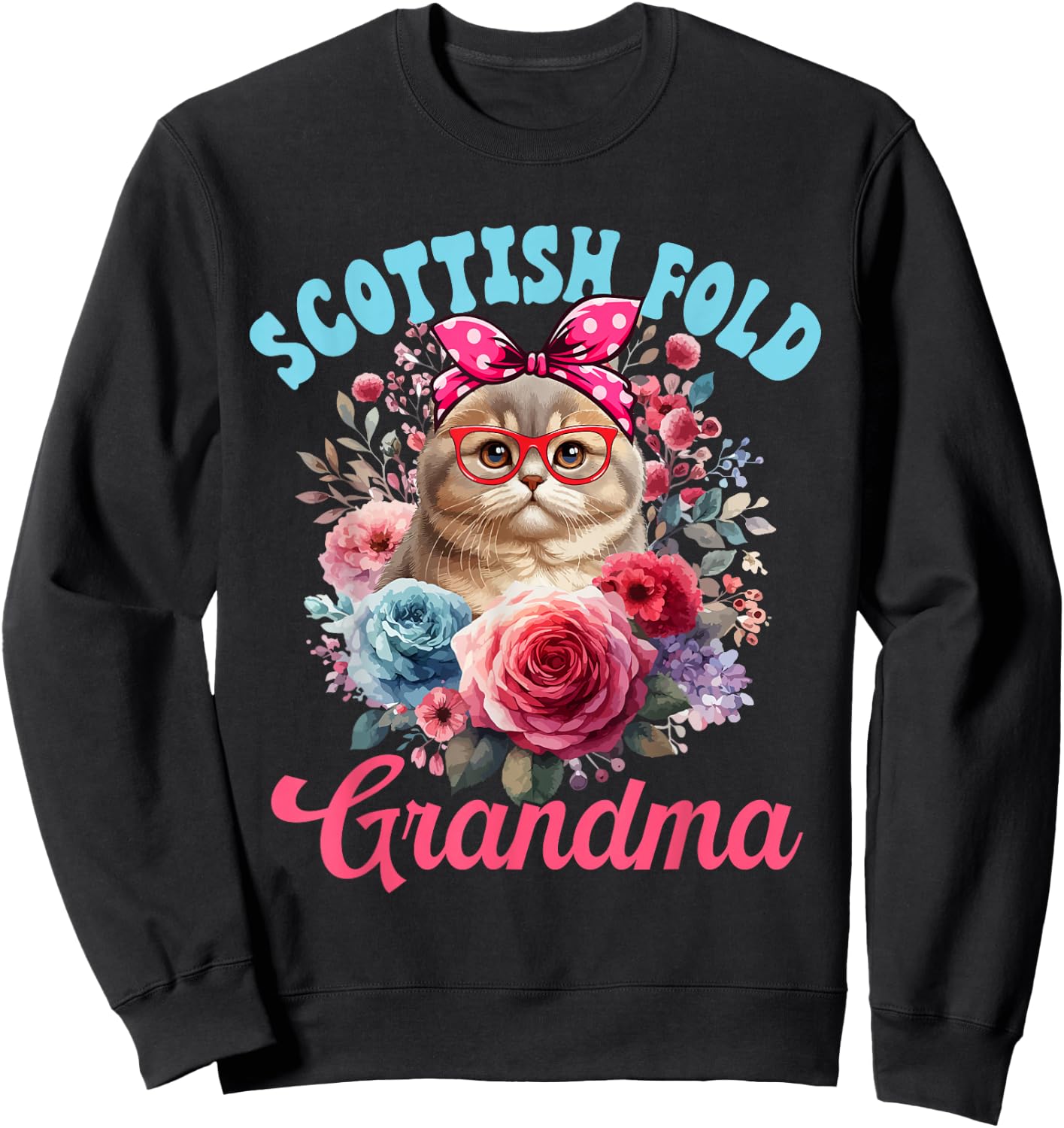 Scottish Fold Grandma Mother's Day Cat Bow Tie Floral Sweatshirt - Sweatshirt | Black