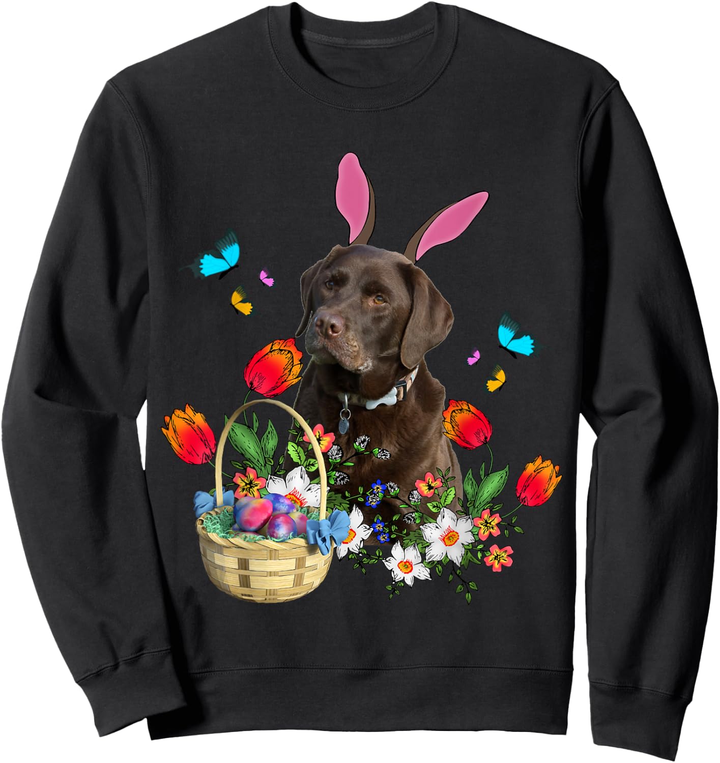 Chocolate Labrador Bunny Dog With Easter Eggs Basket Spring Women Girls Kids Sweatshirt - Sweatshirt | Black