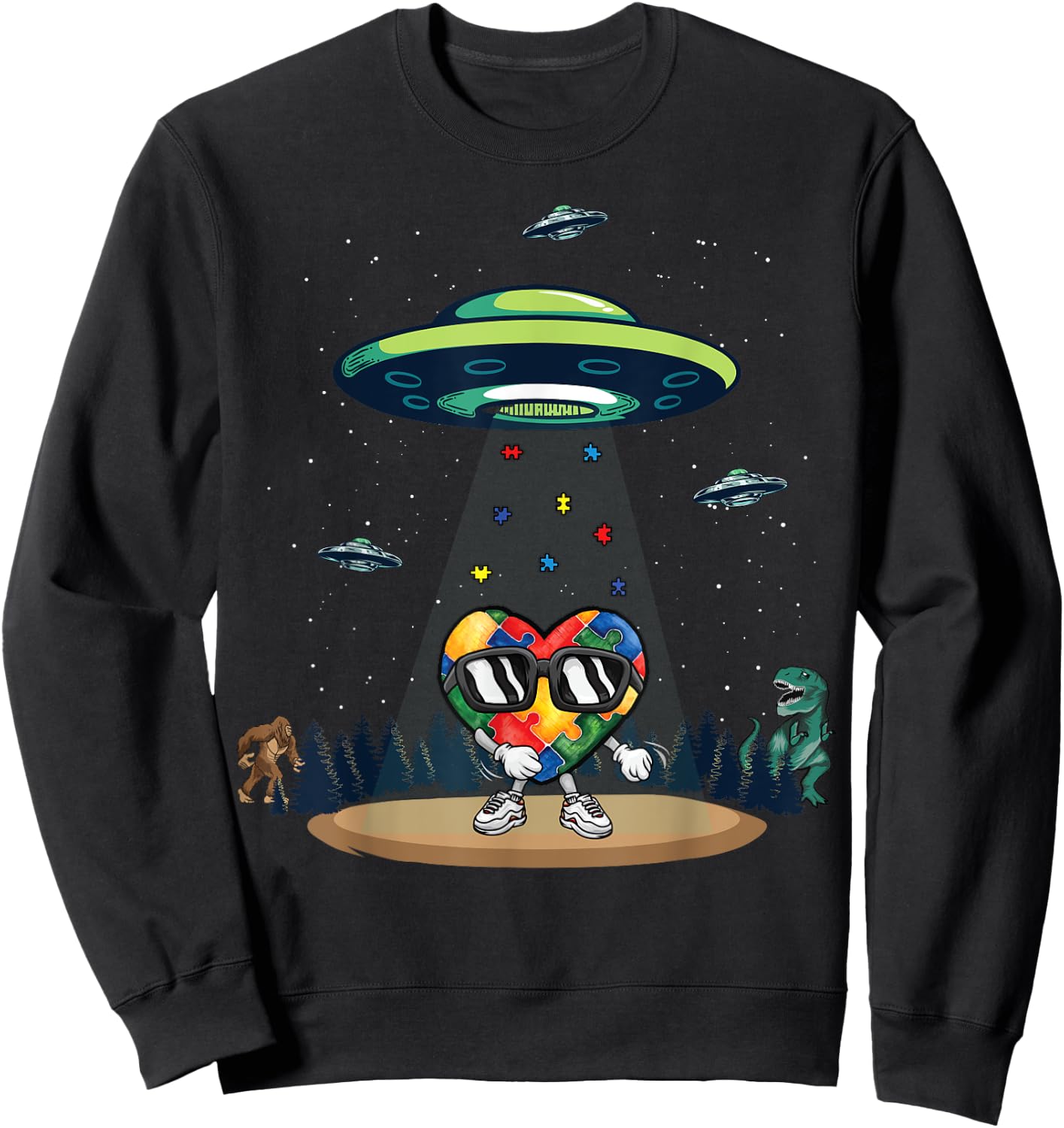 UFO Dinosaur Bigfoot Love Kindness Autism Awareness Puzzle Sweatshirt - Sweatshirt | Black