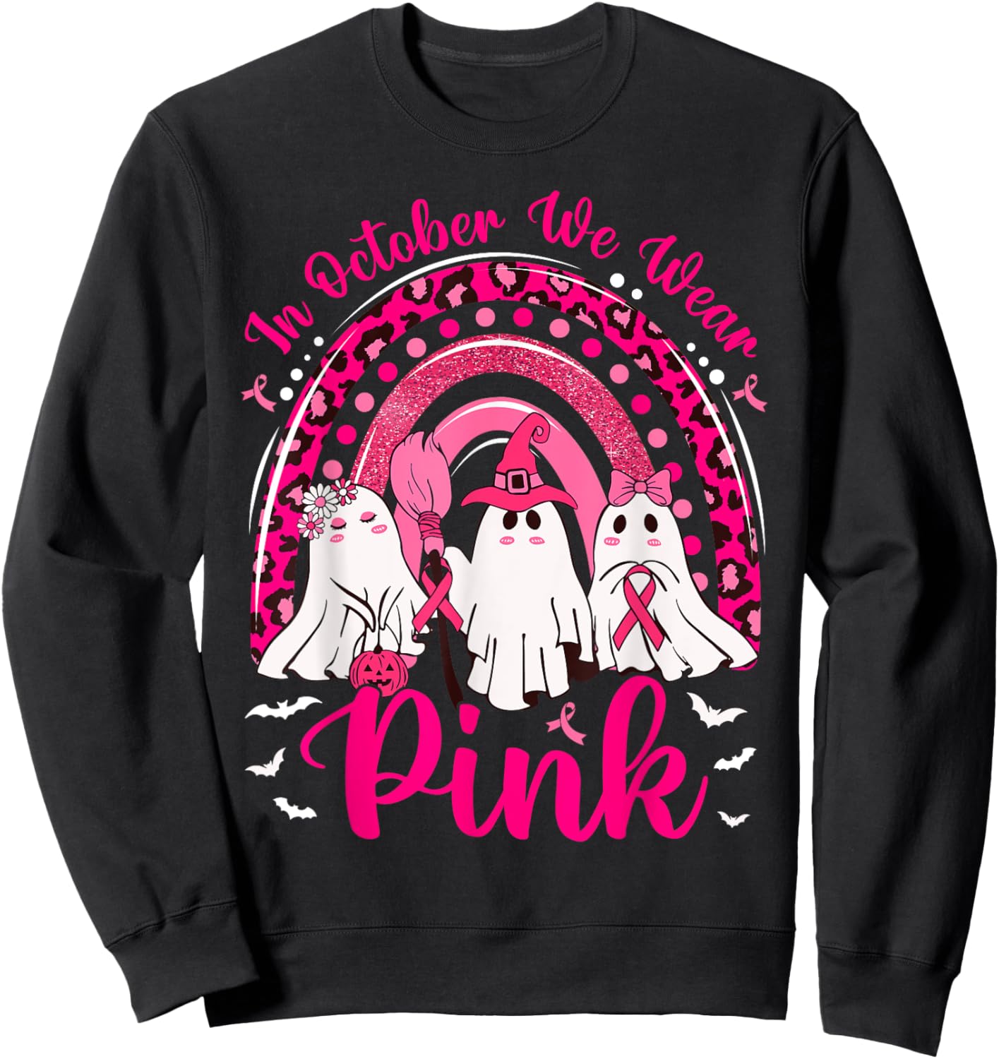 In October We Wear Pink Nurse Ghost Breast Cancer Halloween Sweatshirt - Sweatshirt | Black