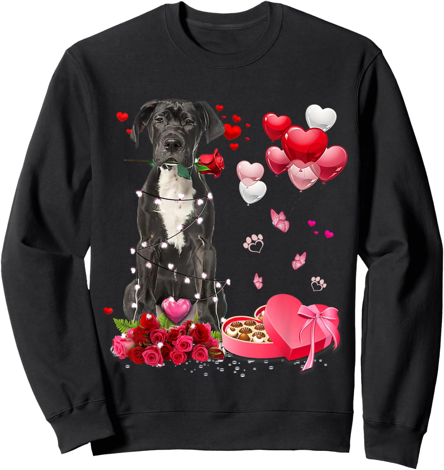 Funny Great Dane Rose Heart Happy Valentine Day Dog Mom Sweatshirt - Sweatshirt | Black