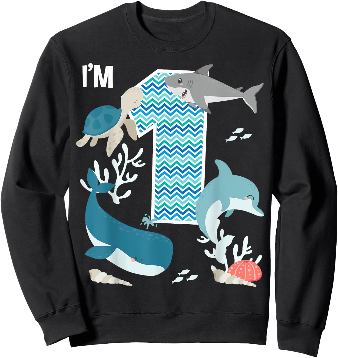 Kids 1 Year Old Ocean Life Whale Dolphin Shark 1st Birthday Sweatshirt - Sweatshirt | Black