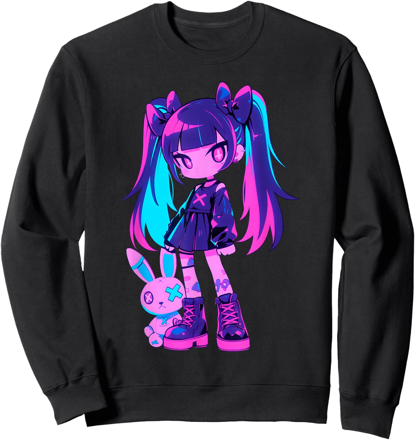 Cute E-Girl Anime Girl Grunge Goth Bunny Gothic Outfit Sweatshirt - Sweatshirt | Black
