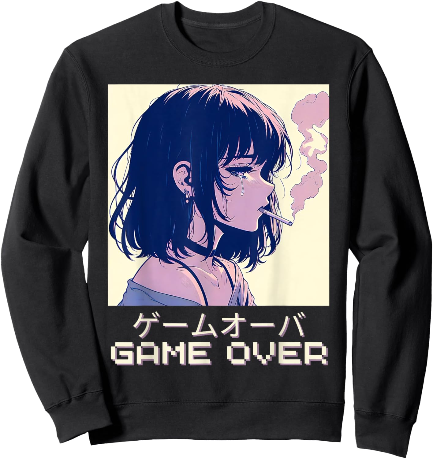 90s Japanese Sad Anime Girl Game Over Vaporwave Aesthetic Sweatshirt - Sweatshirt | Black