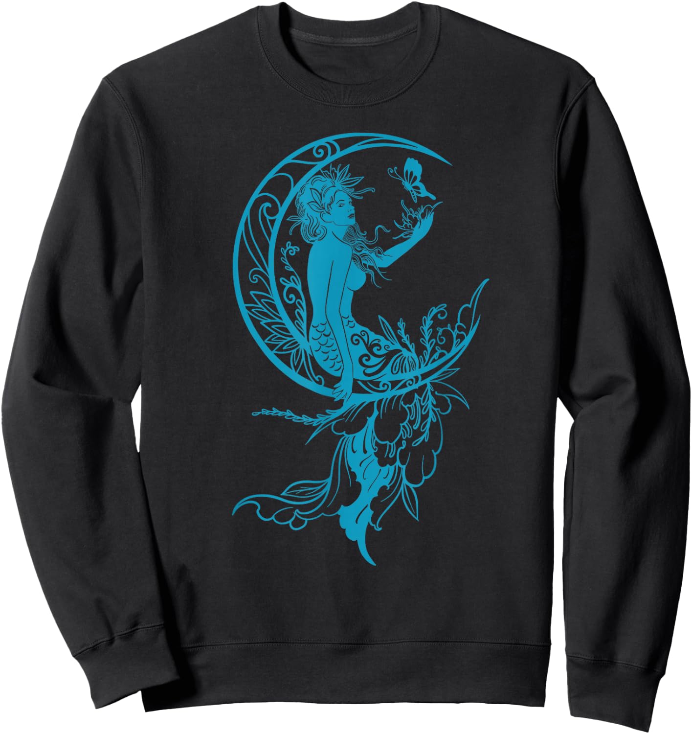 Sea Blue Teal Mermaid Moon Butterfly Gothic Fantasy Sweatshirt - Sweatshirt | Black