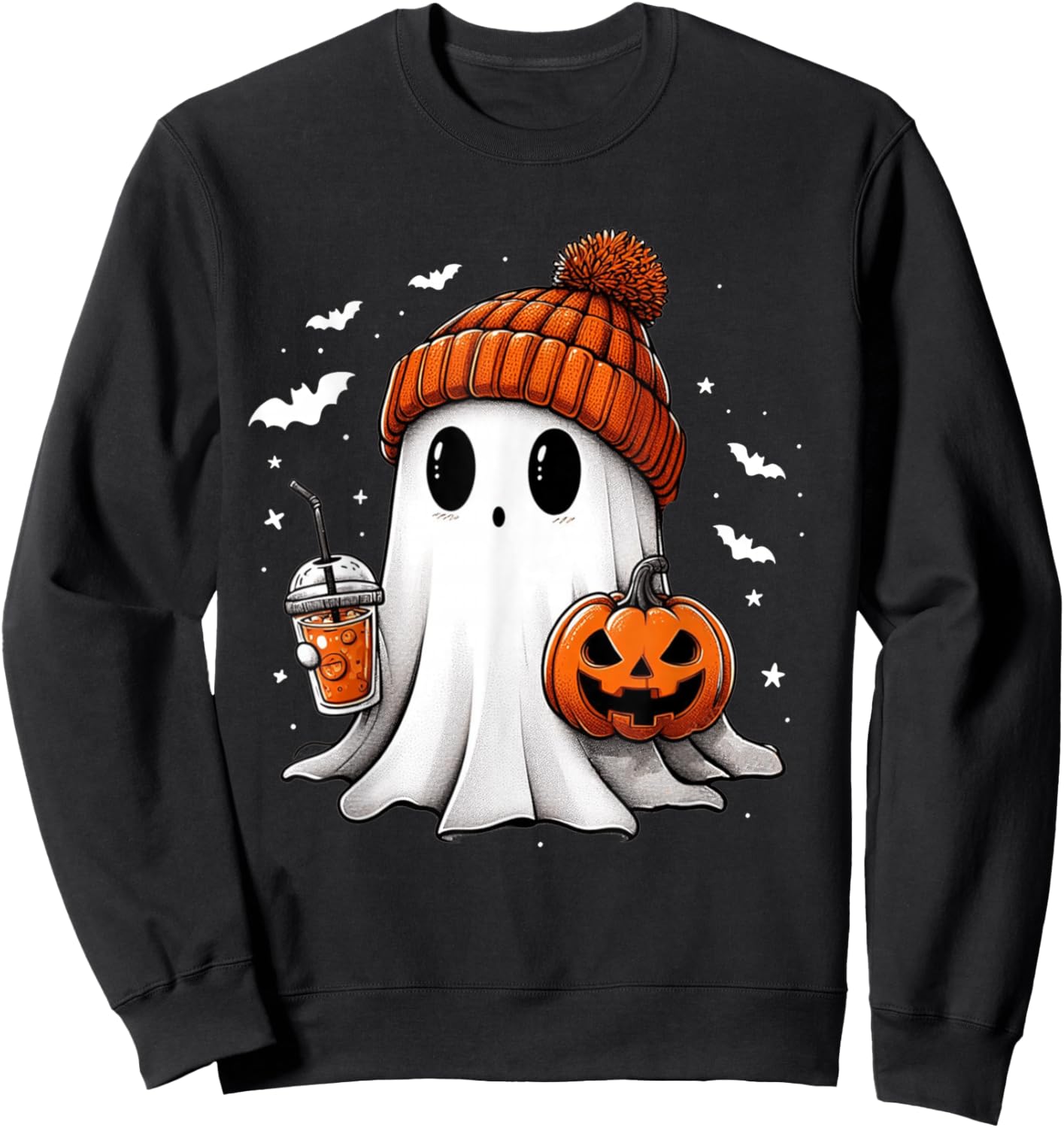 Cute Ghost Drinking Coffee Halloween Ghost Ice Coffee Sweatshirt - Sweatshirt | Black