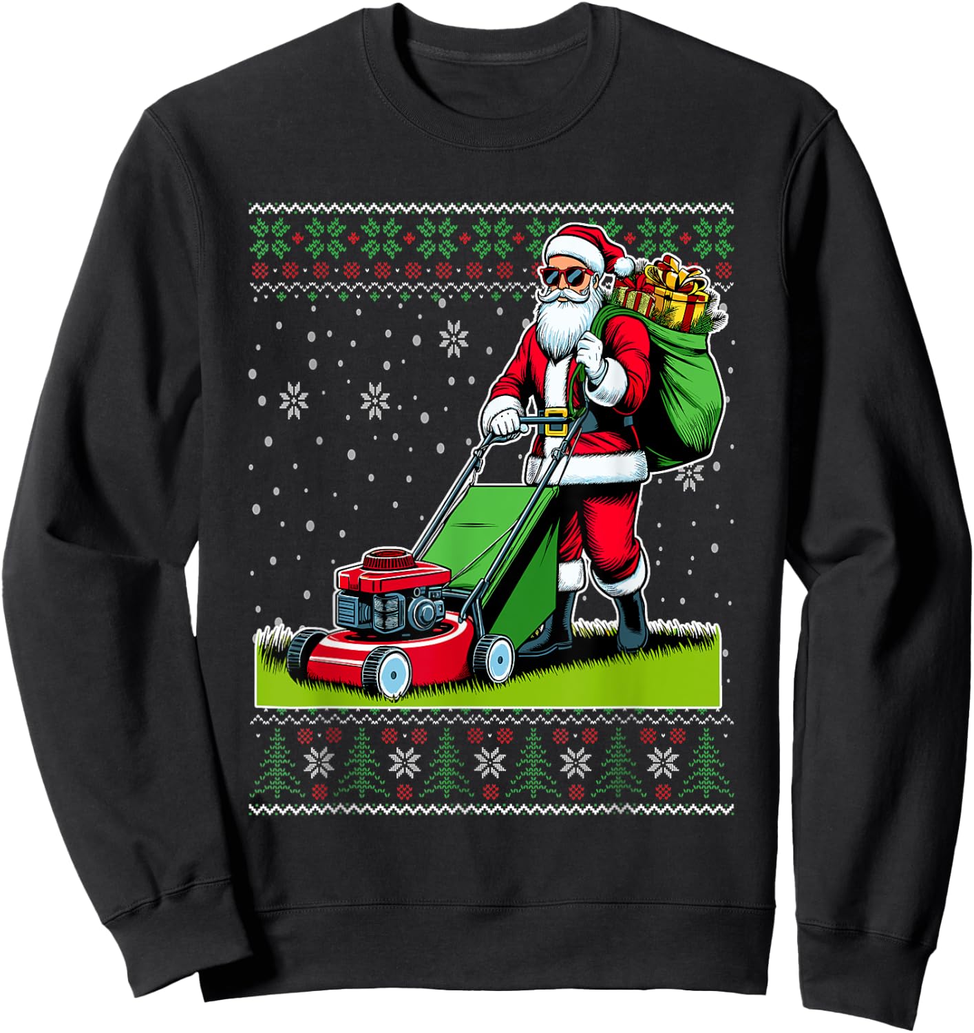 Christmas Santa Claus Mowing Lawn Ugly Christmas Sweater Sweatshirt - Sweatshirt | Black