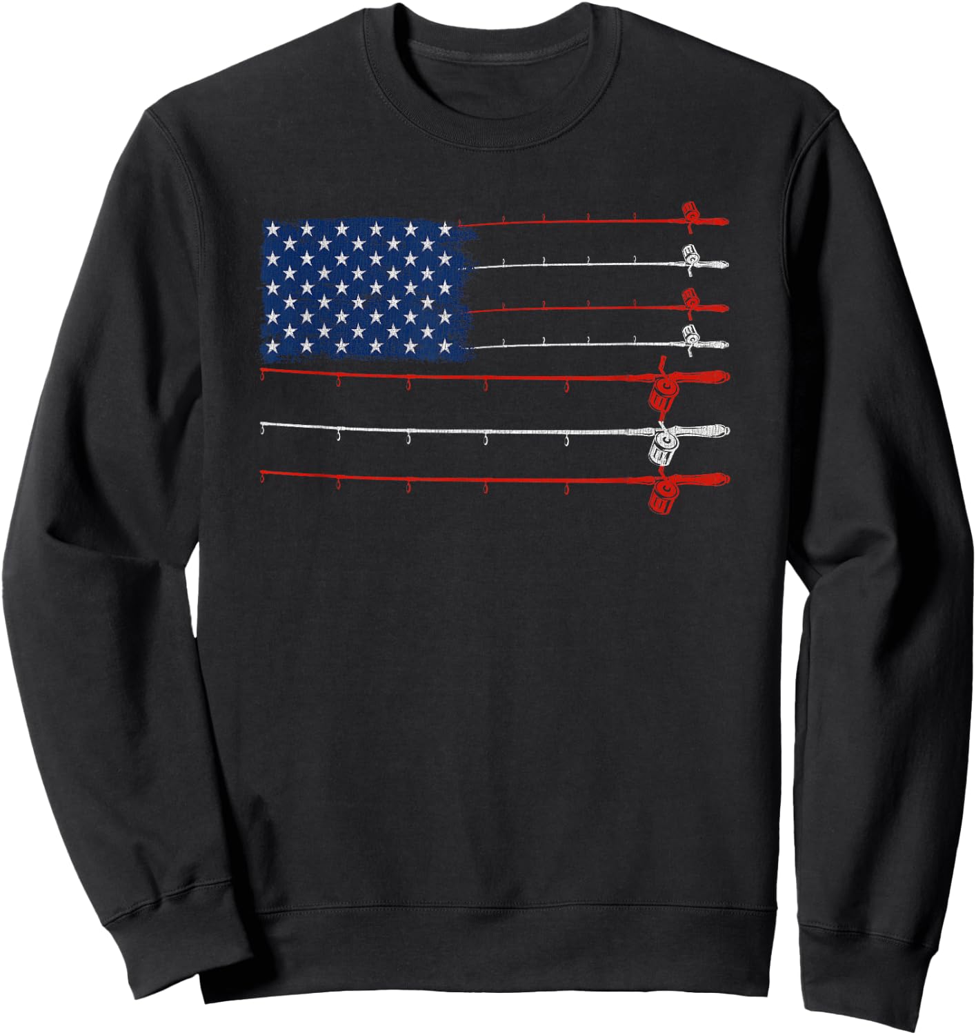 Vintage Fishing Gift | Patriotic American Flag Fishing Poles Sweatshirt - Sweatshirt | Black