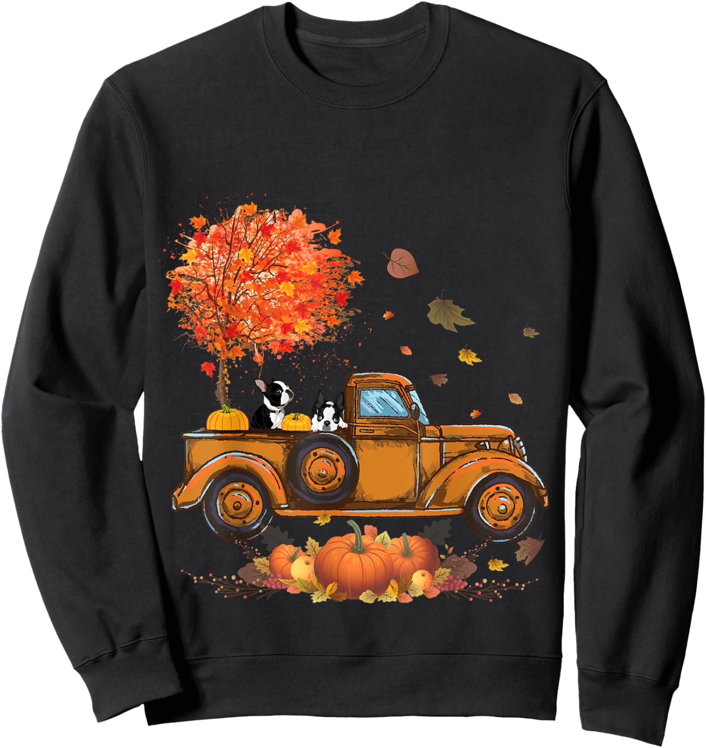Boston Terrier Pumpkins Truck Autumn Leaf Fall thanksgiving Sweatshirt - Sweatshirt | Black