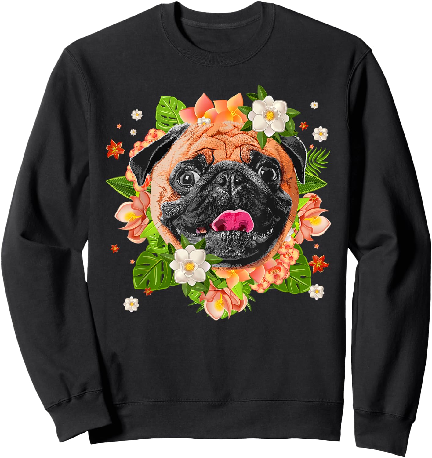 Cool Pug Dog Women Girls Pug Lovers Flower Hawaiian Sweatshirt - Sweatshirt | Black