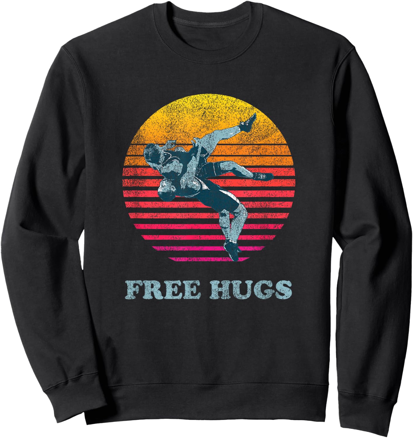 Retro Vintage Faded Cracked 70 80s Style Free Hugs Wrestling Sweatshirt - Sweatshirt | Black