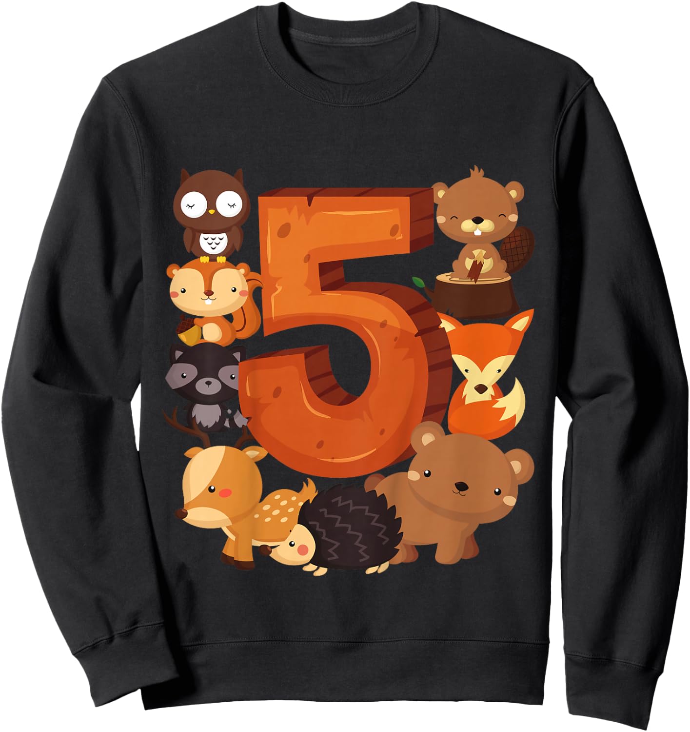 5 Year Old Woodland Animal Birthday Party Forest 5th Gift Sweatshirt - Sweatshirt | Black