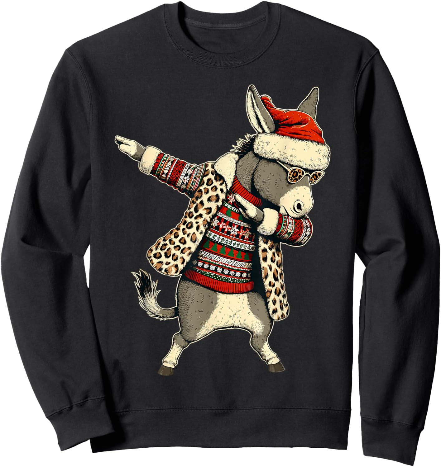 Donkey Leopard Print Dabbing Santa Hat Christmas Pajama Love Sweatshirt - Sweatshirt | Black