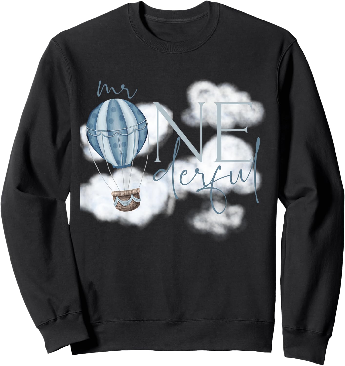 Kids Mr Onederful Hot Air Balloon Blue 1st Birthday Boy Party Sweatshirt - Sweatshirt | Black
