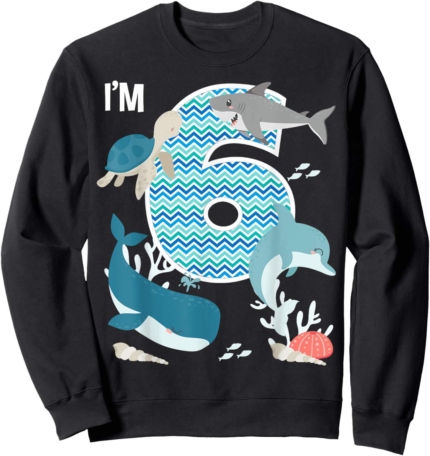 Kids 6 Year Old Ocean Life Whale Dolphin Shark 6th Birthday Sweatshirt - Sweatshirt | Black