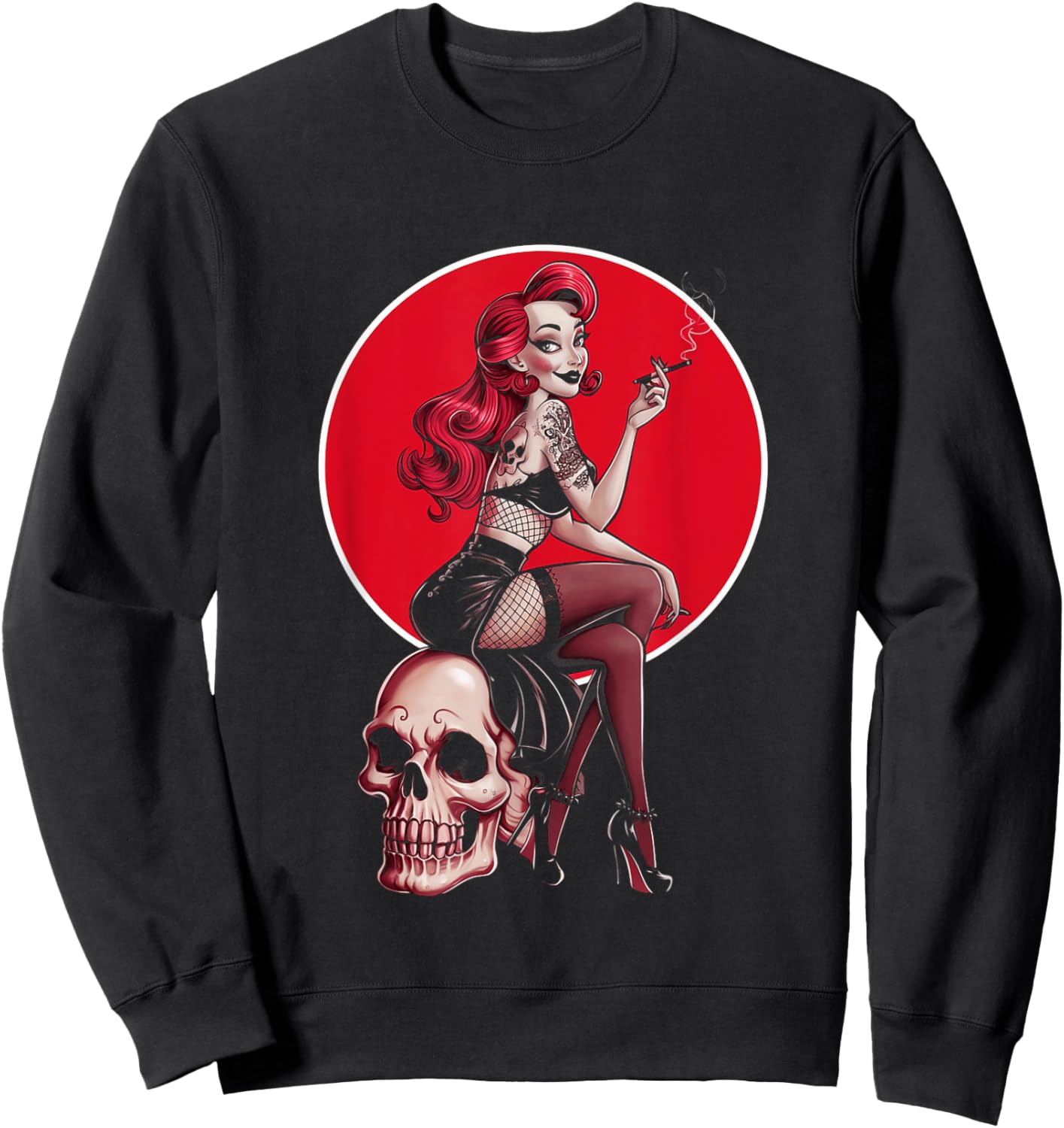 Tattoo Goth Pin-up Girl with Skull Vintage Horror Rockabilly Sweatshirt - Sweatshirt | Black