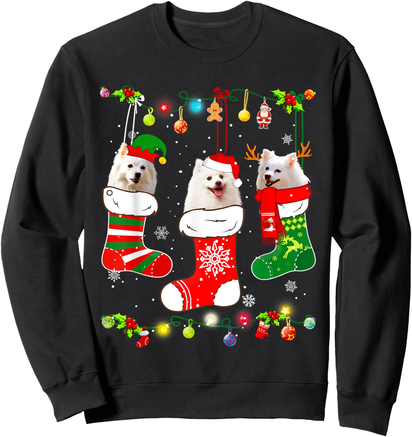 American Eskimo Christmas Lights Funny Puppy Xmas Dog Lover Sweatshirt - Sweatshirt | Black