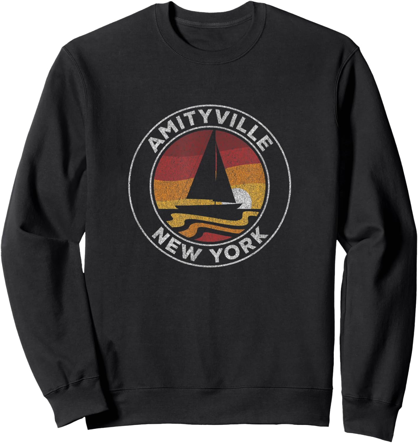Amityville New York Vintage Sailboat 70s Retro Sunset Sweatshirt - Sweatshirt | Black