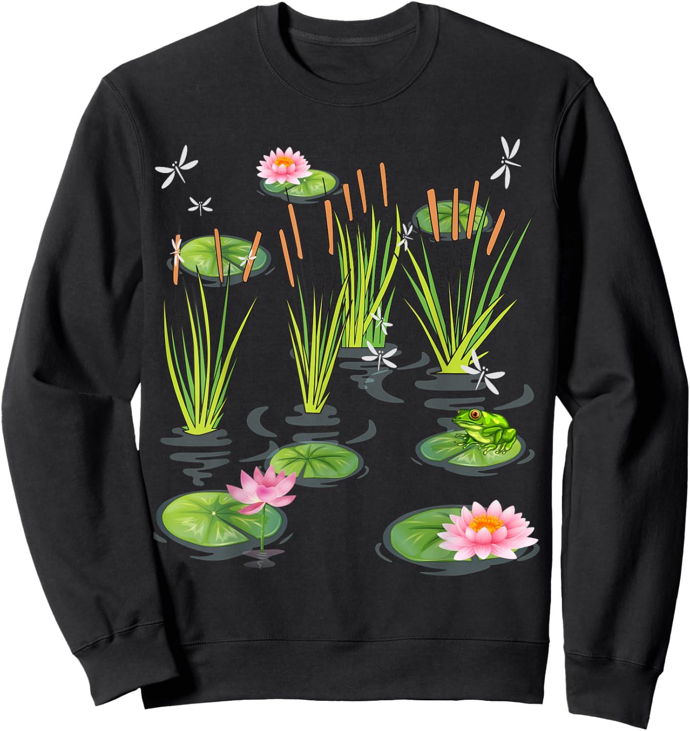 Water Lily Dragonflies with Frog on Lily Leaf Cattails Sweatshirt - Sweatshirt | Black