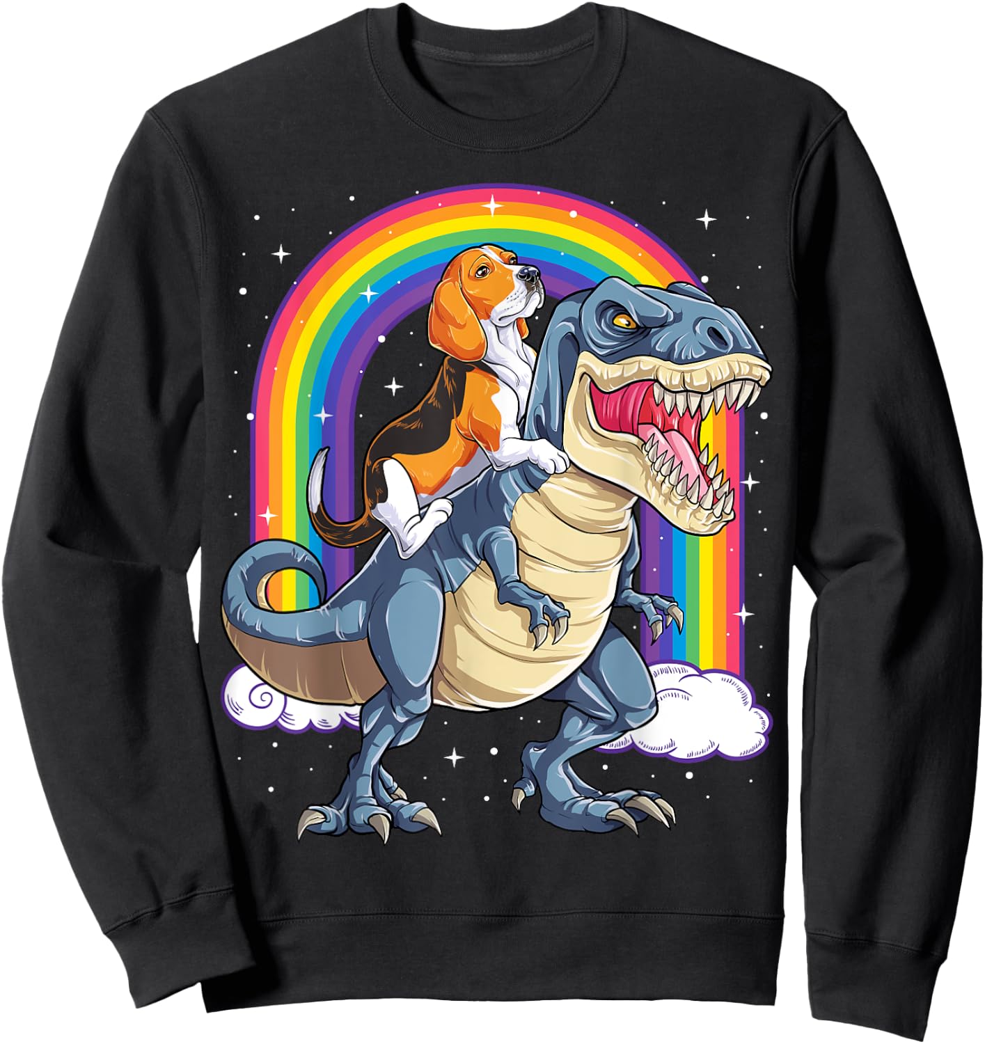 Beagle Riding Dinosaur T-rex Gifts Boys Kids Men Rainbow Sweatshirt - Sweatshirt | Black