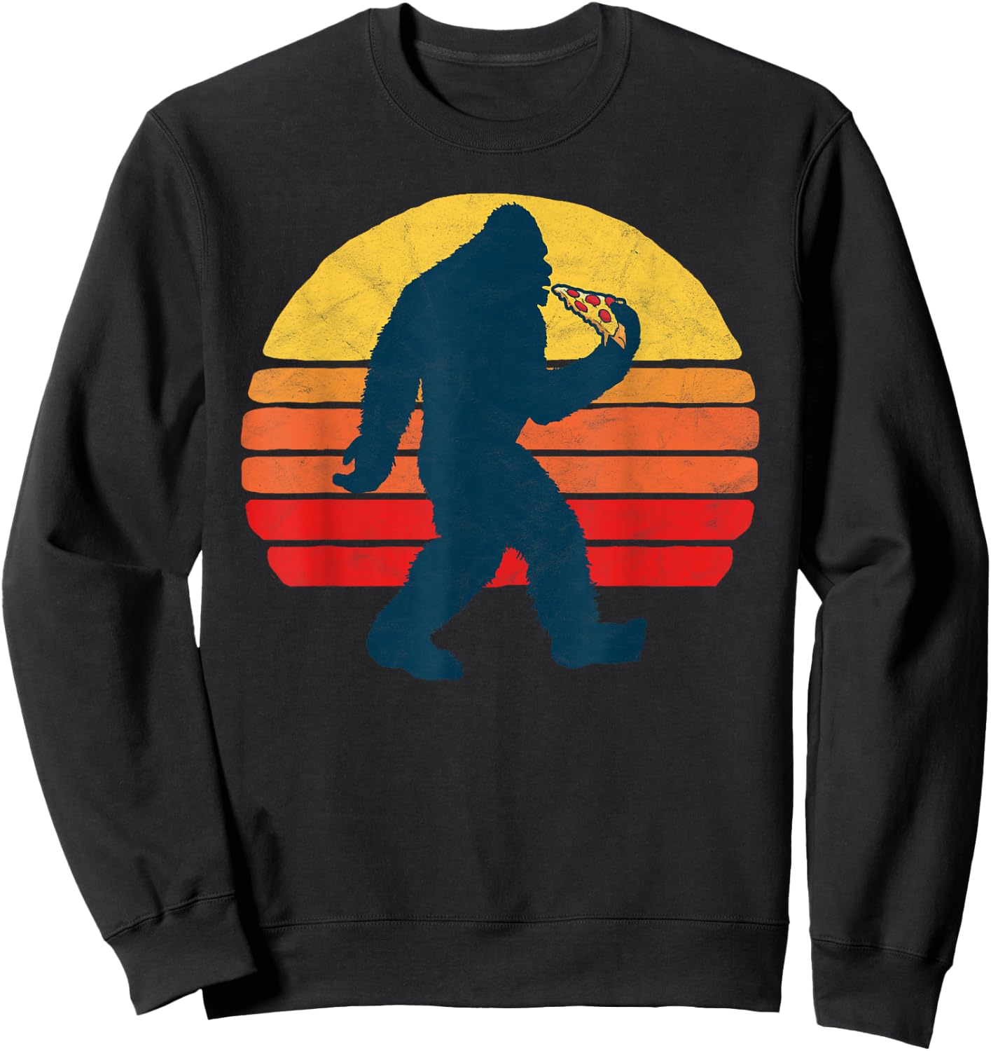 Sasquatch and Pizza! Funny Eating Bigfoot & 80s Sun Graphic Sweatshirt - Sweatshirt | Black