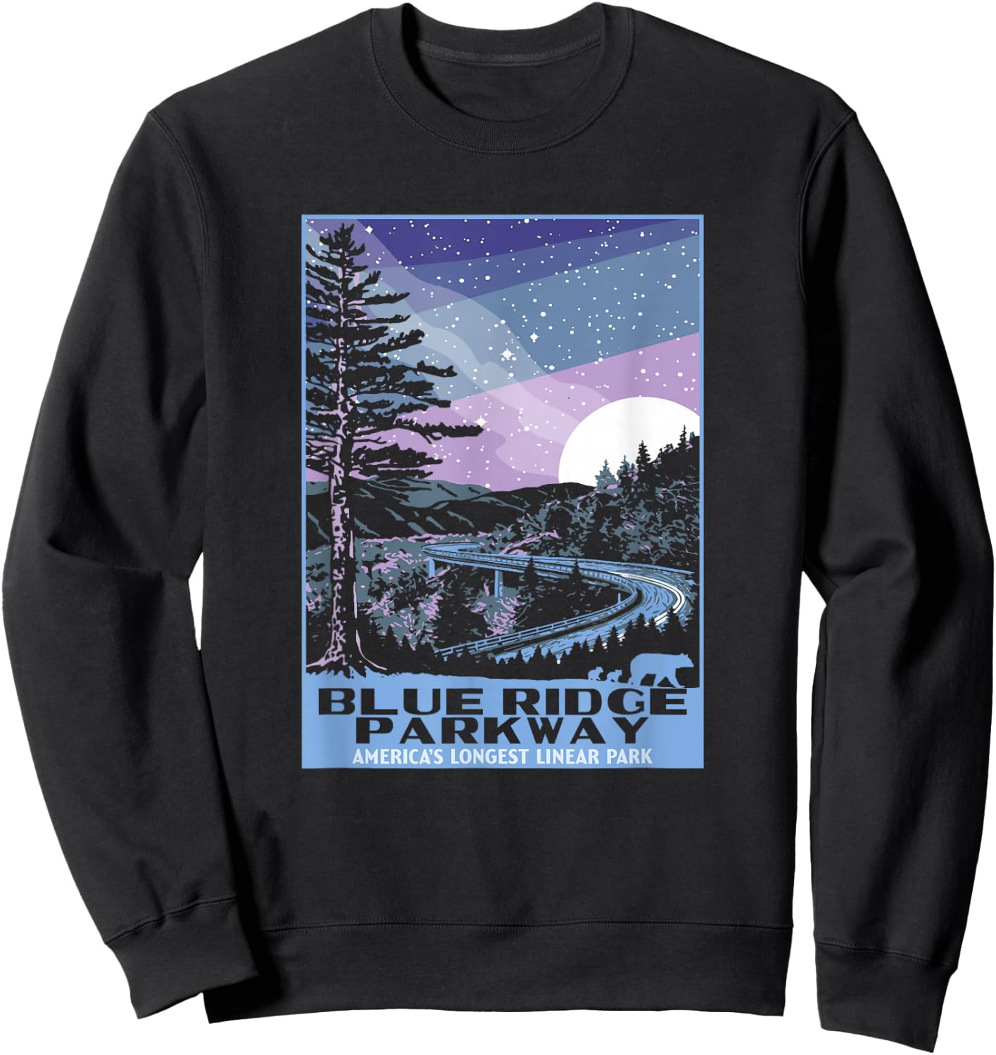 Blue Ridge Parkway at Night WPA Style Vintage Stars & Moon Sweatshirt - Sweatshirt | Black