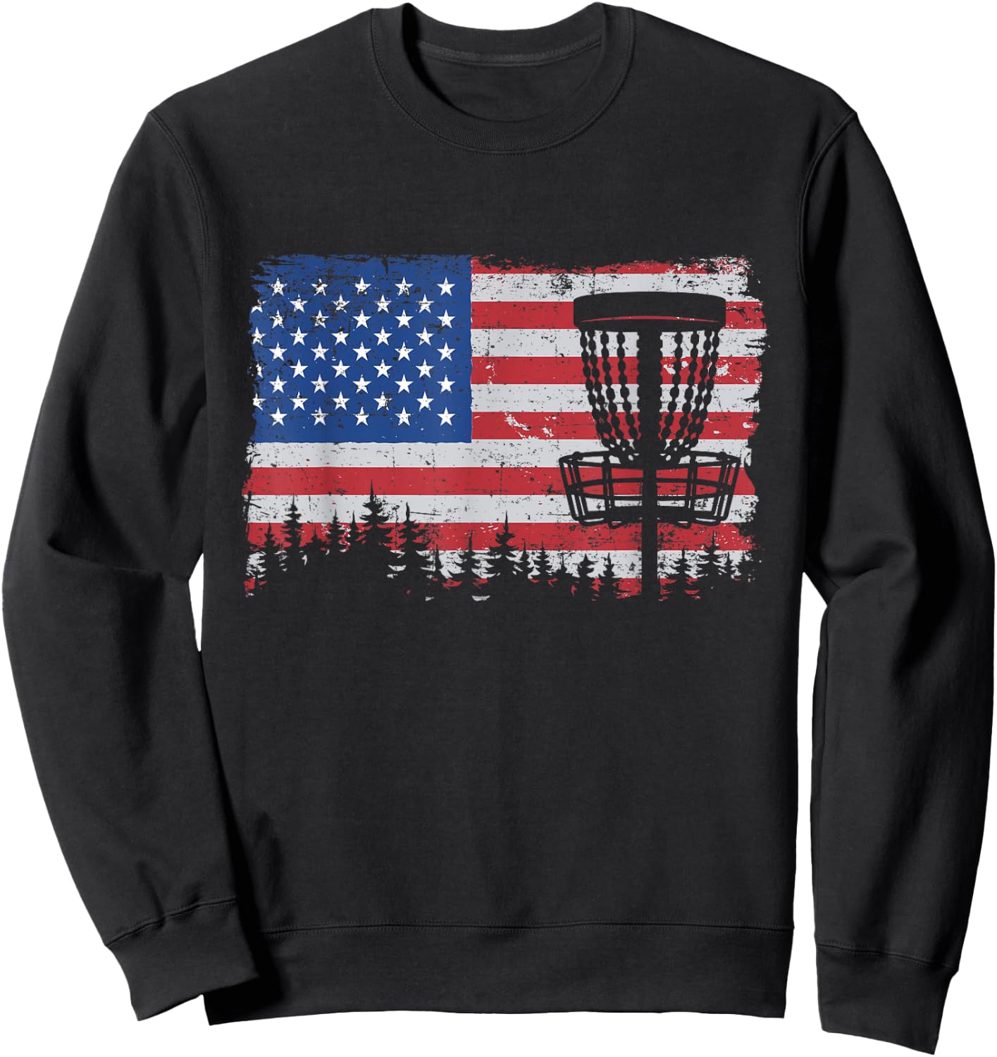 US American Flag Disc Golf Basket Frisbee Vintage Disc Golf Sweatshirt - Sweatshirt | Black