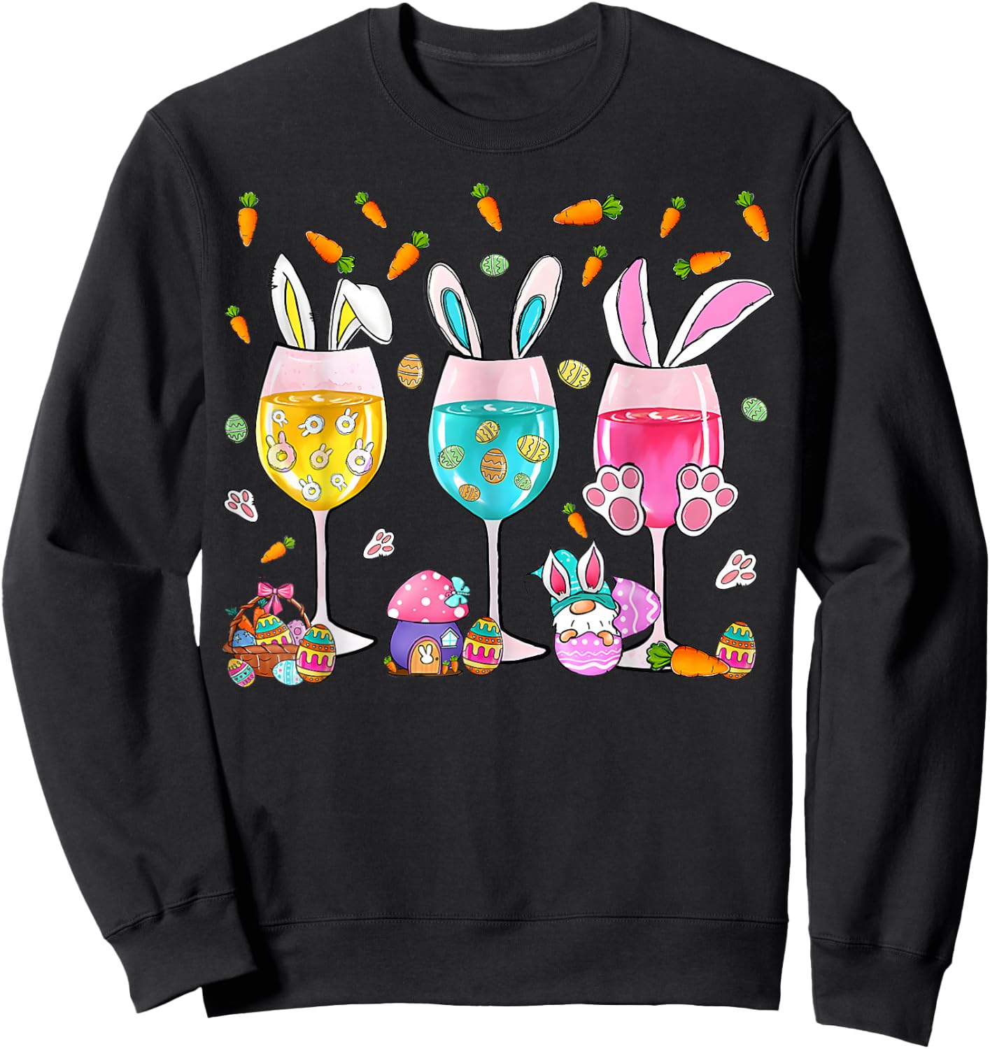 Funny Wine Glasses Bunny with Egg Basket Spring Easter Women Sweatshirt - Sweatshirt | Black