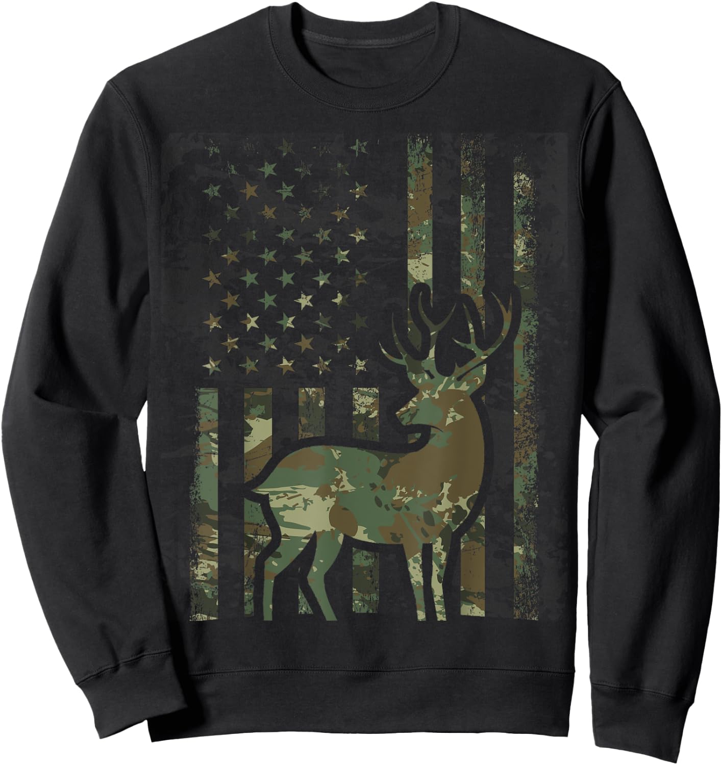 Camo American Flag Buck Hunting Gift Deer Hunter Sweatshirt - Sweatshirt | Black