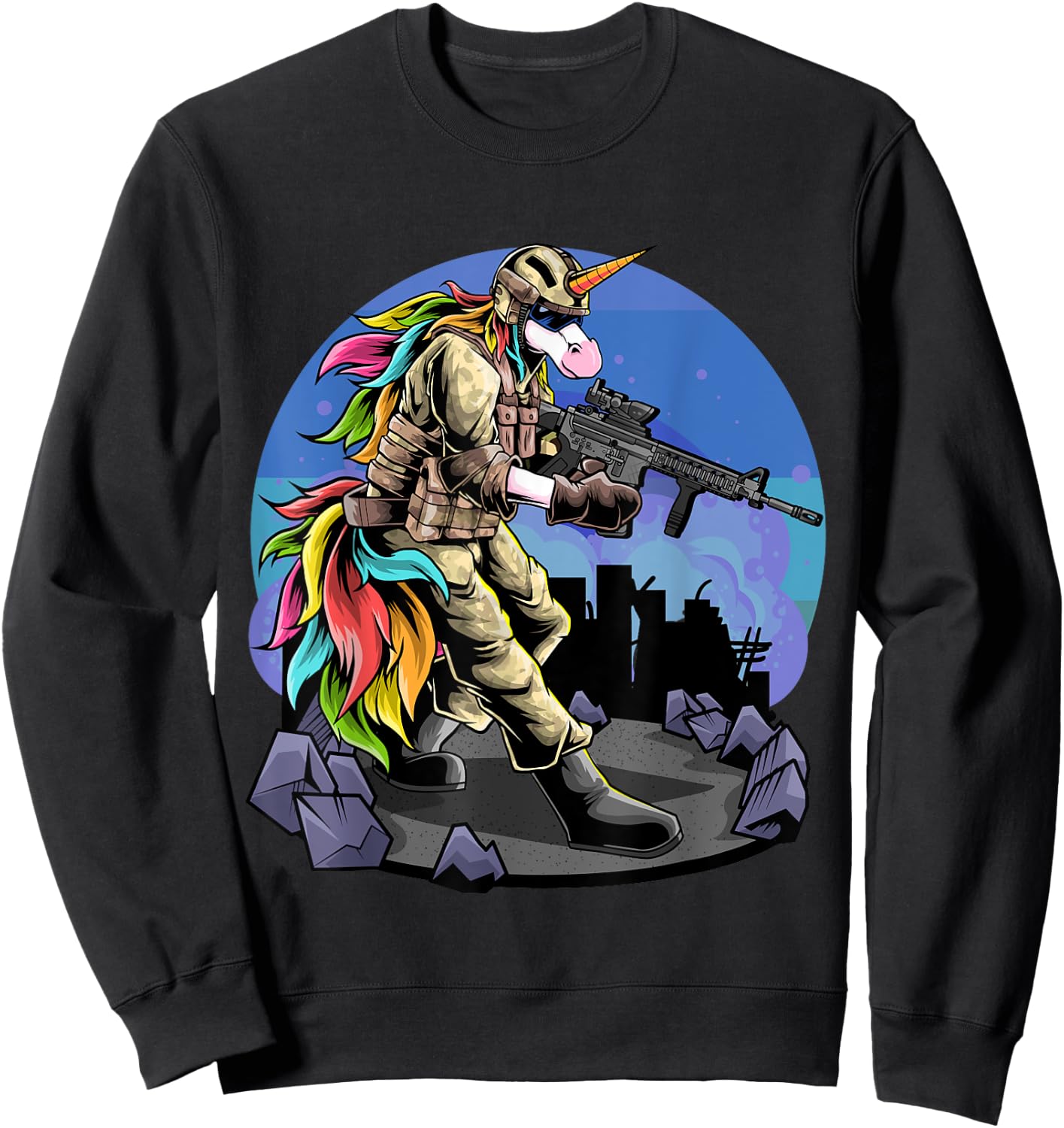 Unicorn Shooting A Gun I Unicorn Warrior I Soldier Unicorn Sweatshirt - Sweatshirt | Black