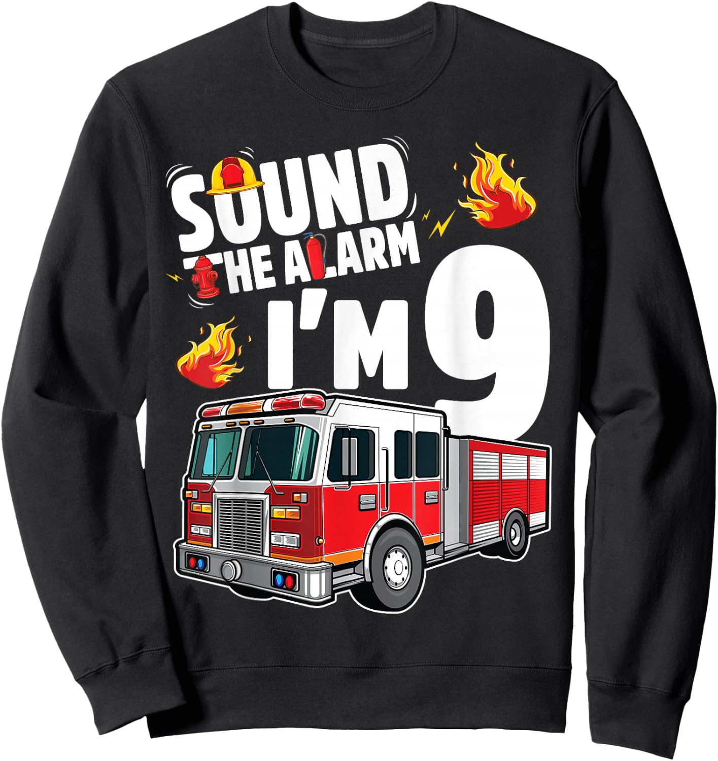 Fire Truck 9th Birthday Boy Firefighter 9 Year Old Sweatshirt - Sweatshirt | Black