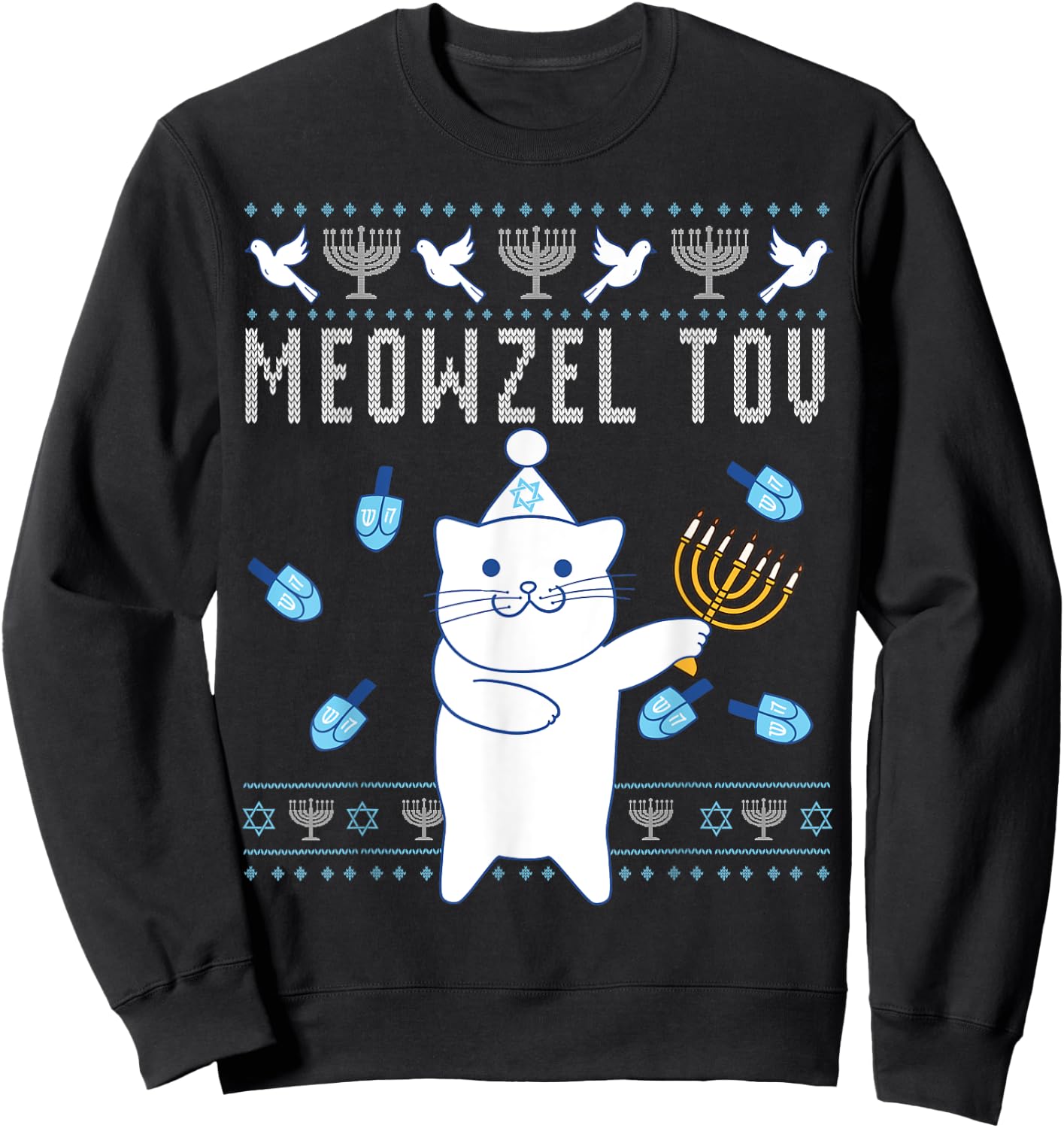 Meowzel Tov Jewish Christmas Cat Funny Ugly Hanukkah Gift Men Women Kids Sweatshirt - Sweatshirt | Black