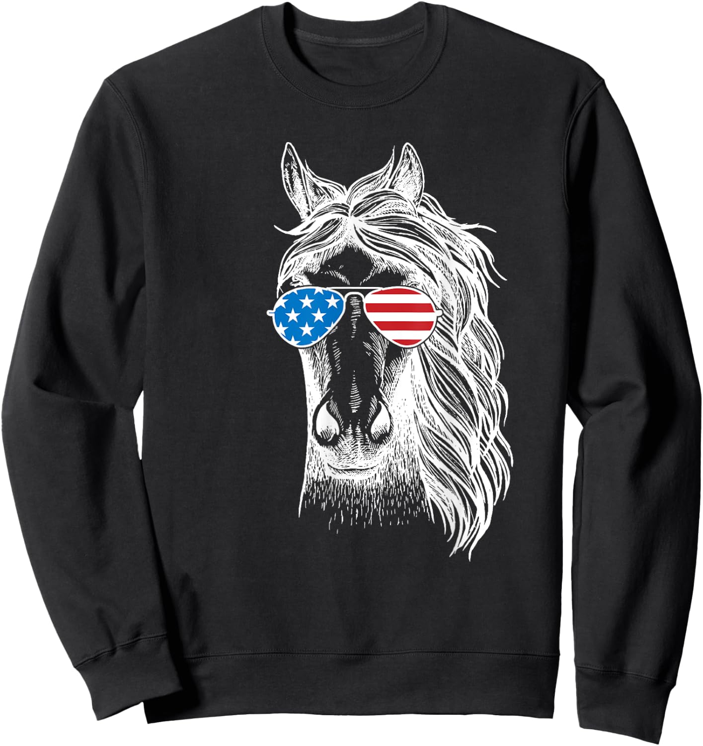 Funny Horse Patriotic USA Flag Aviator Sun Glasses Design Women Kids Men Sweatshirt - Sweatshirt | Black