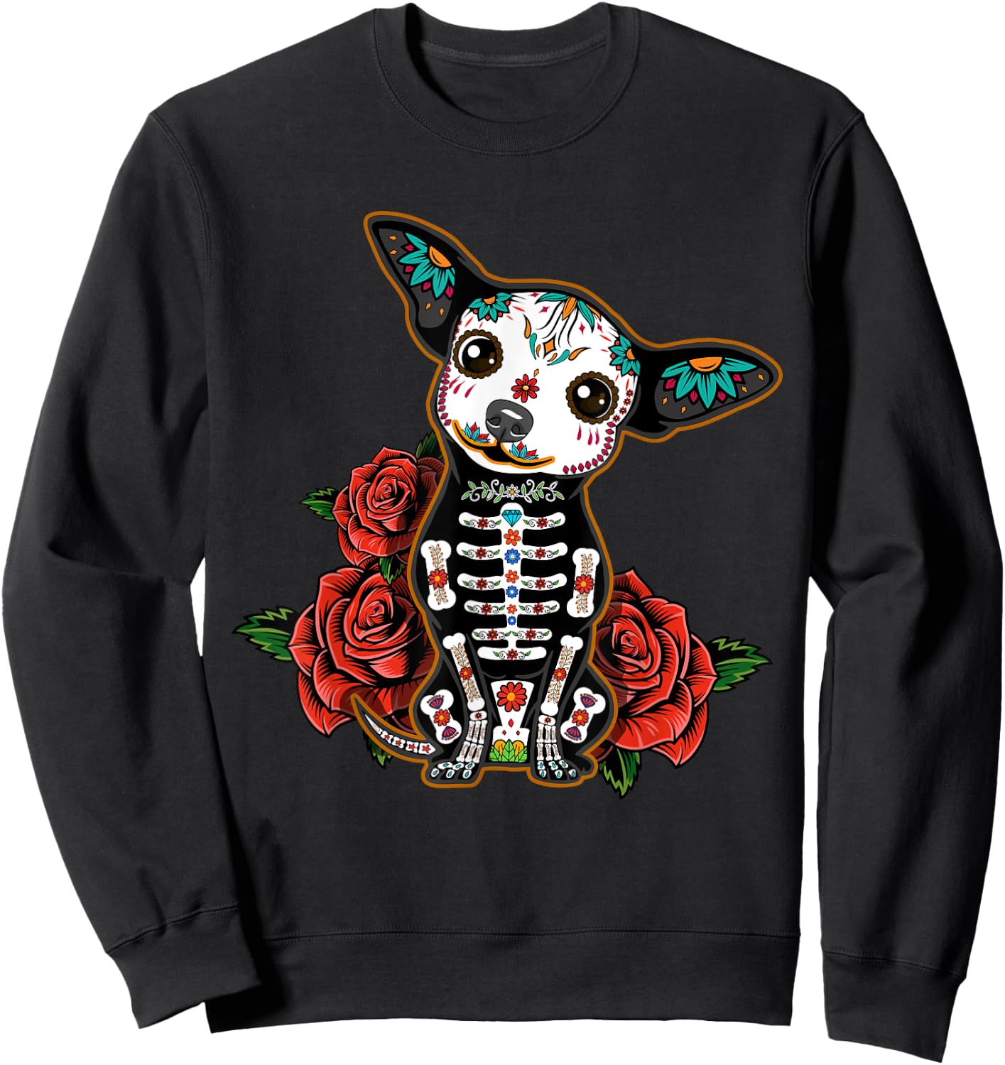 Calavera Chihuahua Playful Colorful Cute Dia De Los Muertos Women Kids Sweatshirt - Sweatshirt | Black