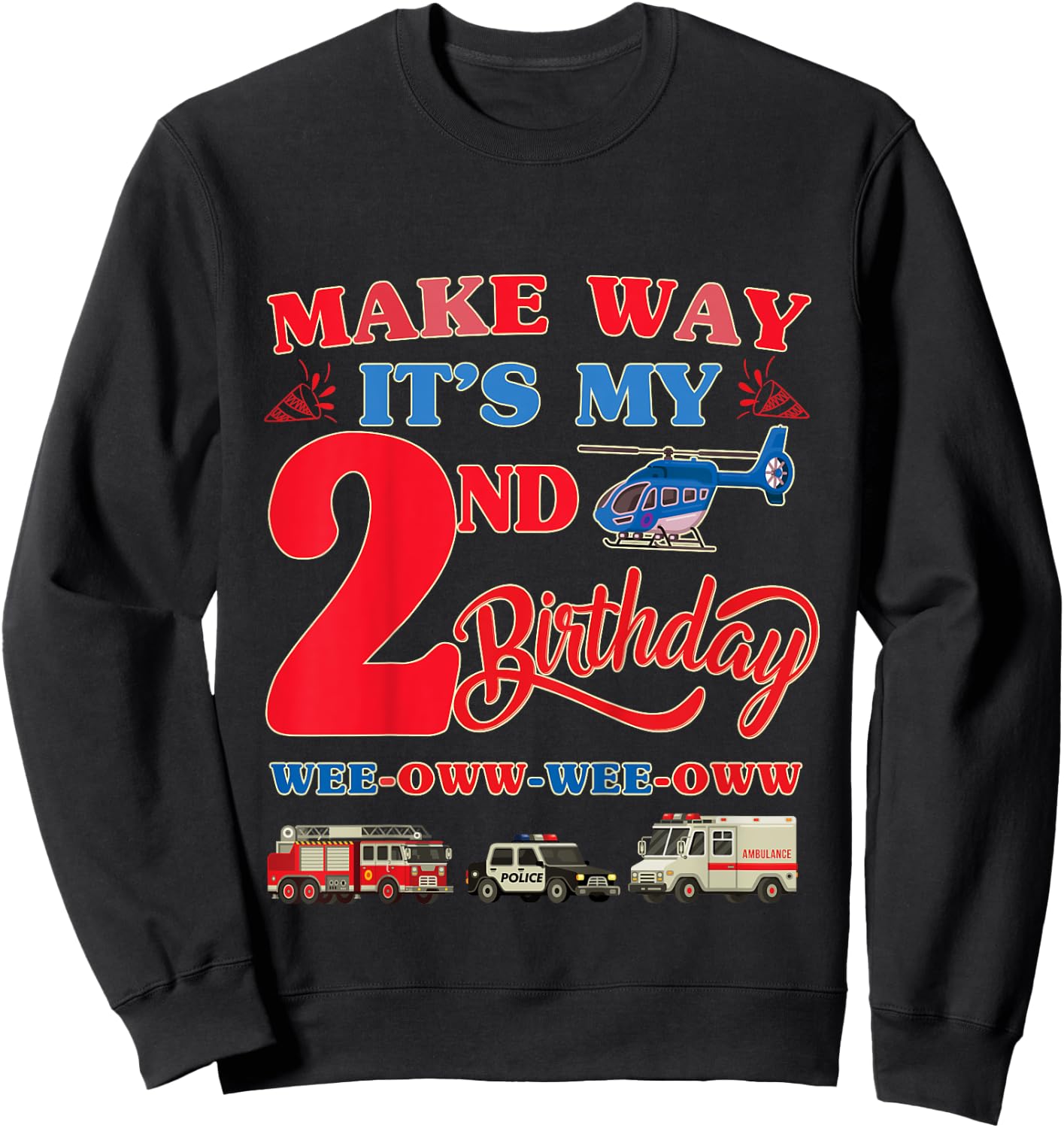 2nd birthday Rescue Vehicles Birthday theme 2 year old kids Sweatshirt - Sweatshirt | Black