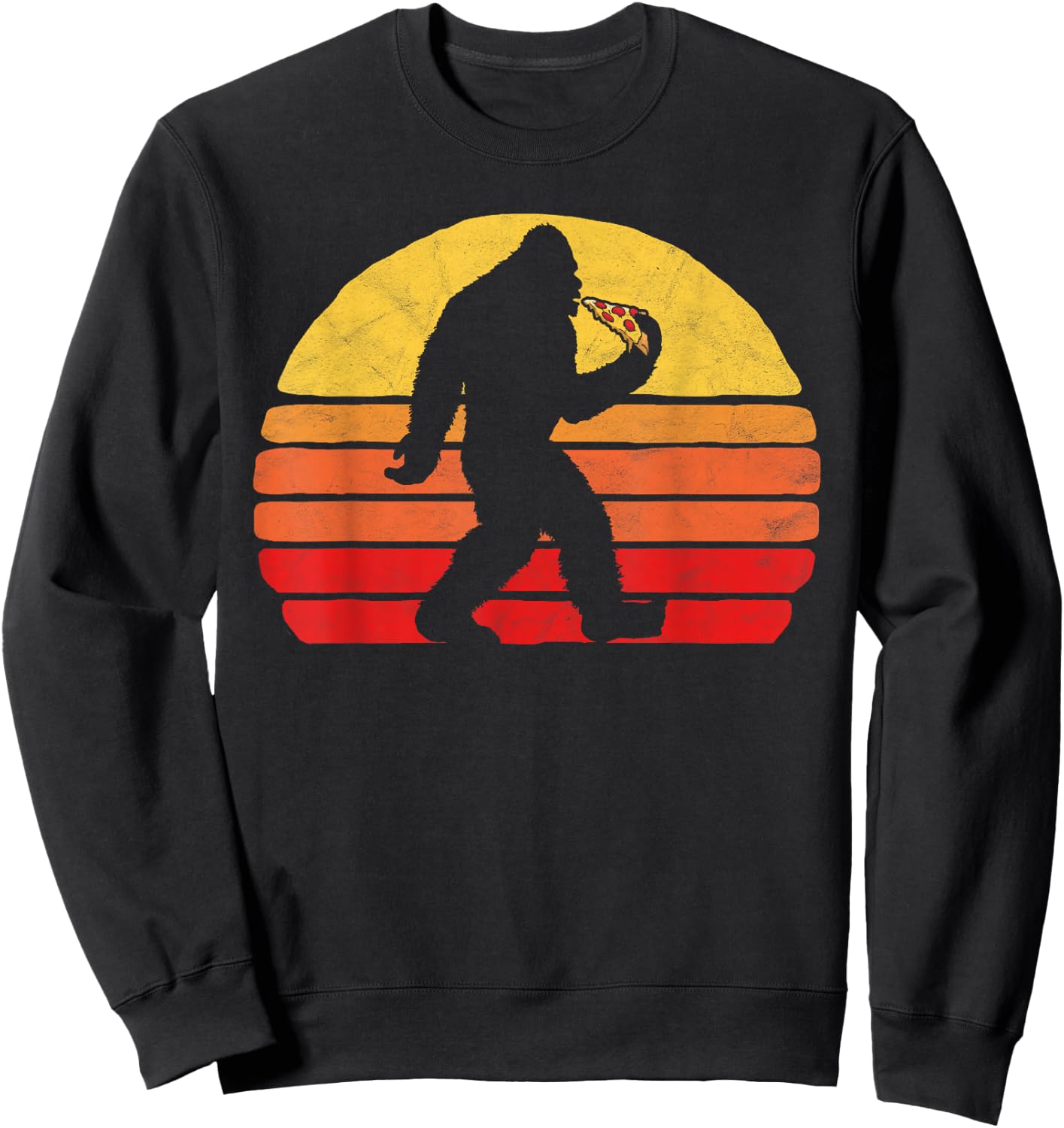 Sasquatch and Pizza! Funny Eating Bigfoot & 80s Sun Graphic Sweatshirt - Sweatshirt | Black