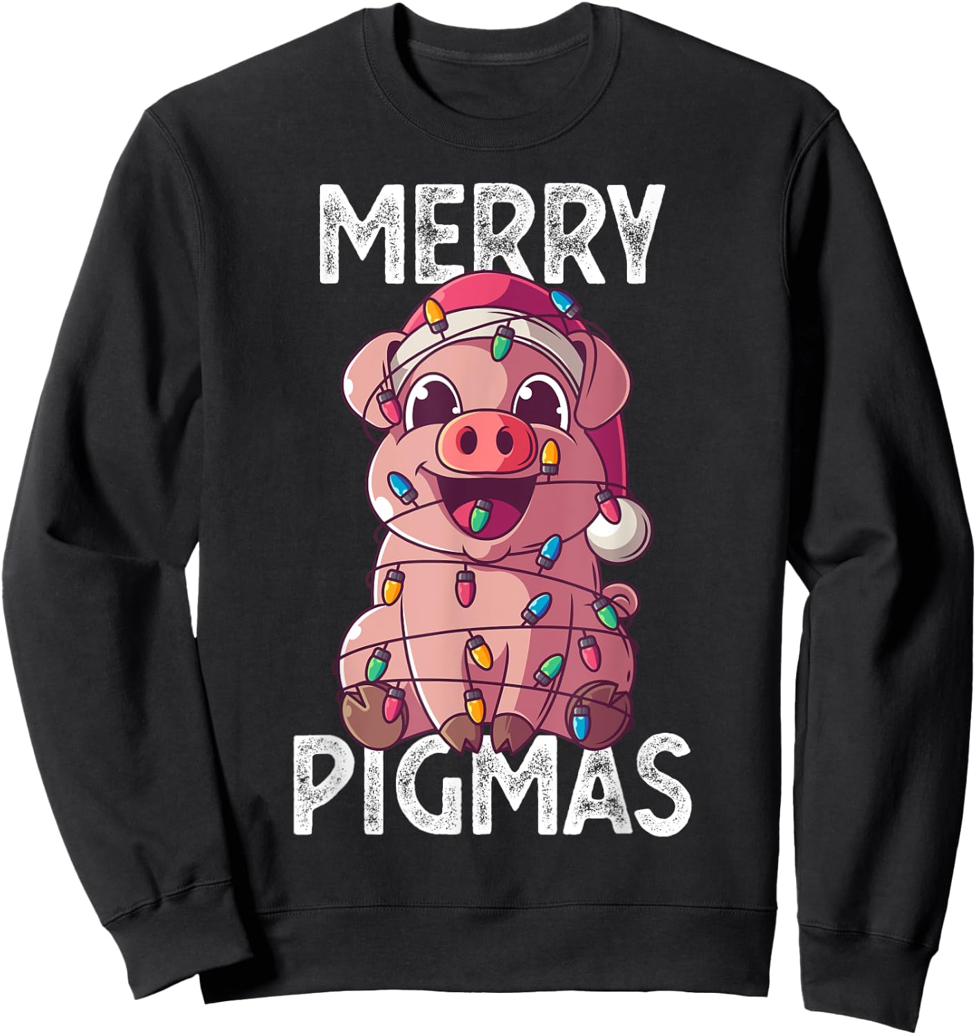 Merry Pigmas Pig Christmas Santa Pig Xmas Lights Farmer Gift Sweatshirt - Sweatshirt | Black