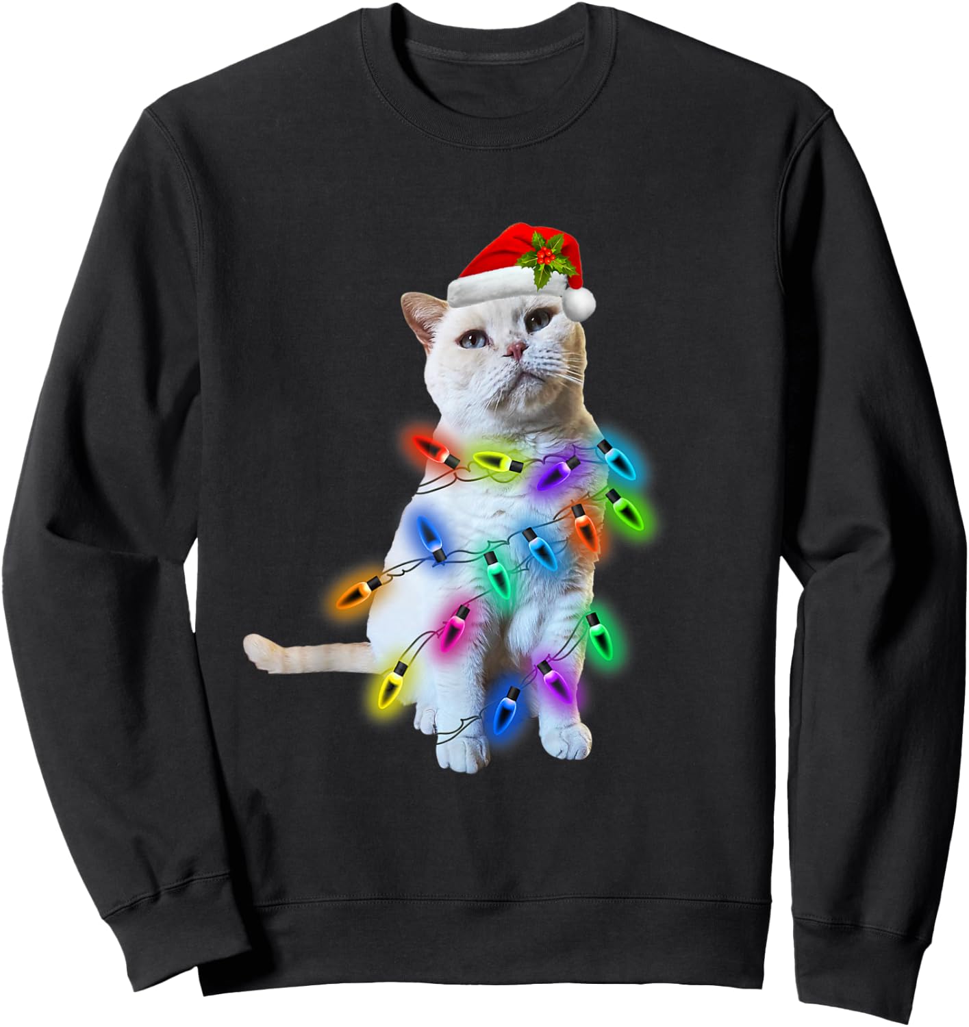 White Cat Christmas light funny cat lover Christmas Sweatshirt - Sweatshirt | Black