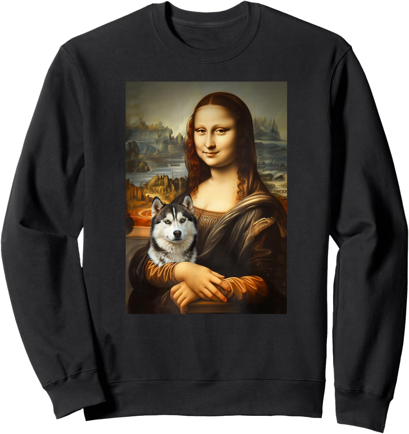 Husky Mona Lisa Painting Art Dog Mom Dad Sweatshirt - Sweatshirt | Black