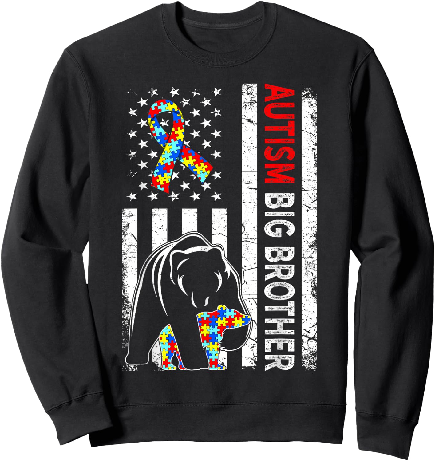 Distressed American Flag Autism Big Brother Bear Awareness Kids Men Sweatshirt - Sweatshirt | Black