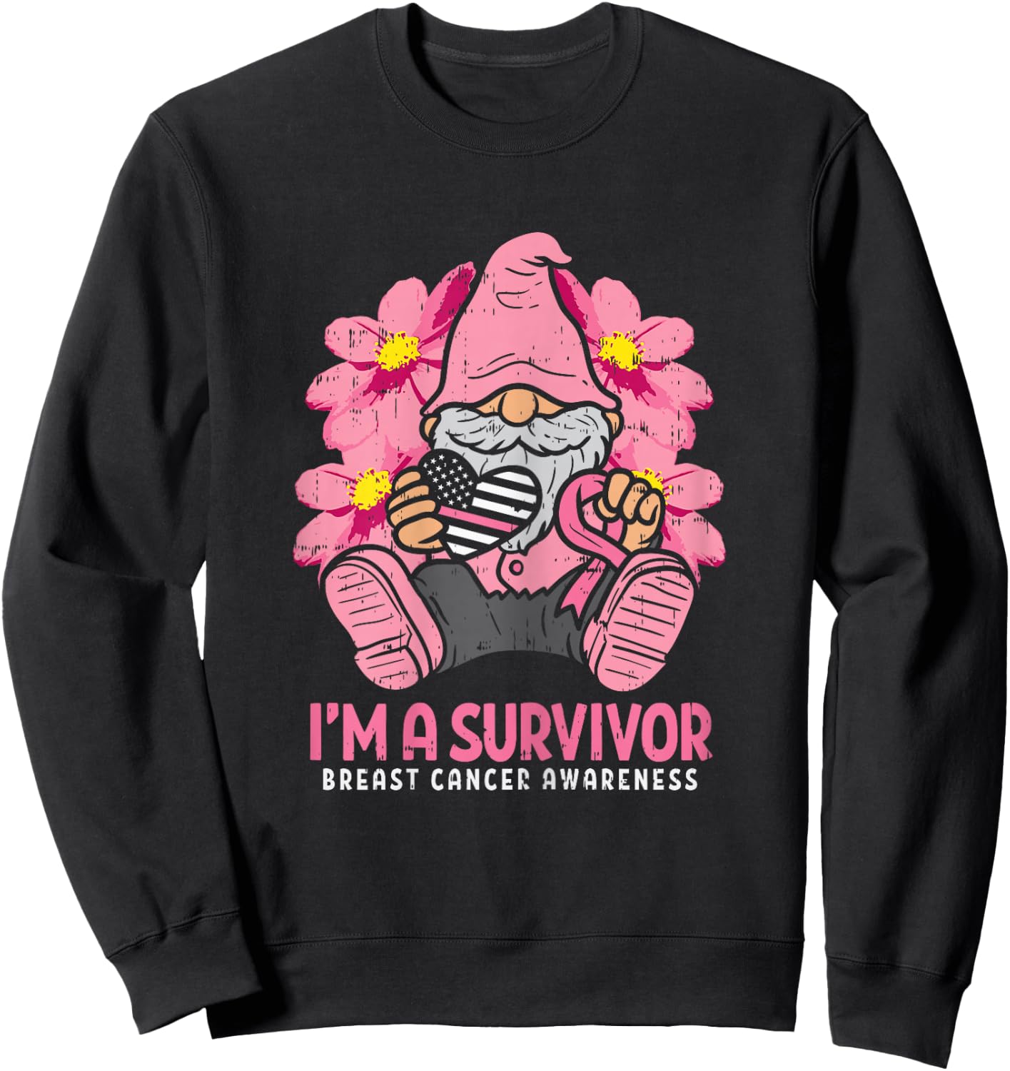Breast Cancer Survivor Pink Ribbon Gnome US Flag Heart Gift Sweatshirt - Sweatshirt | Black