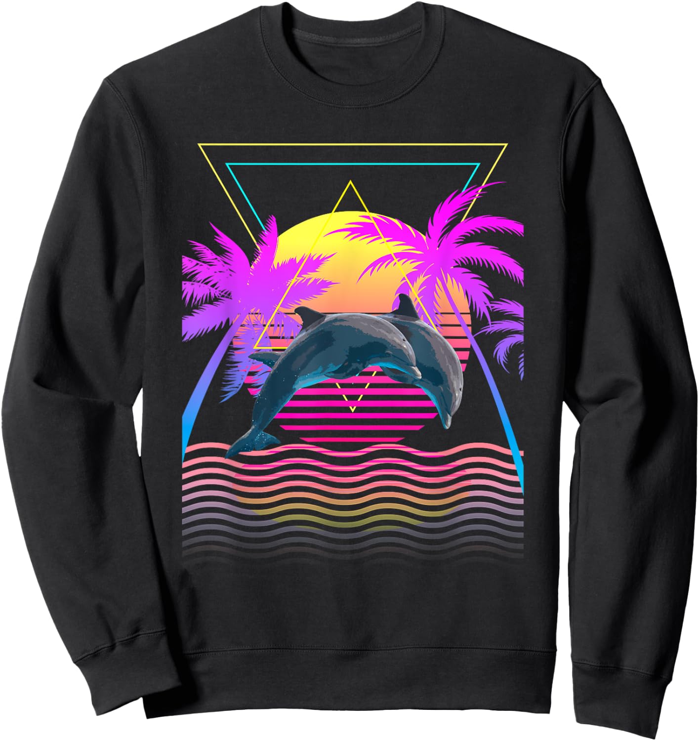 Retro 1980s 1990s Dolphins Palm Trees Sunset Beach Art Sweatshirt - Sweatshirt | Black