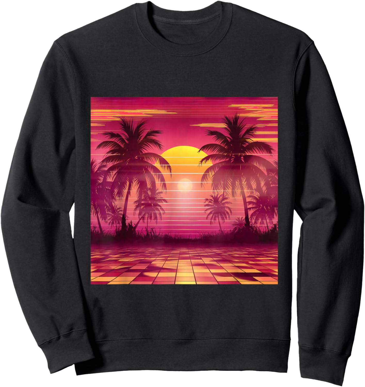 Synthwave Retro Vaporwave Tropical Palm Trees Sunset 90s Art Sweatshirt - Sweatshirt | Black