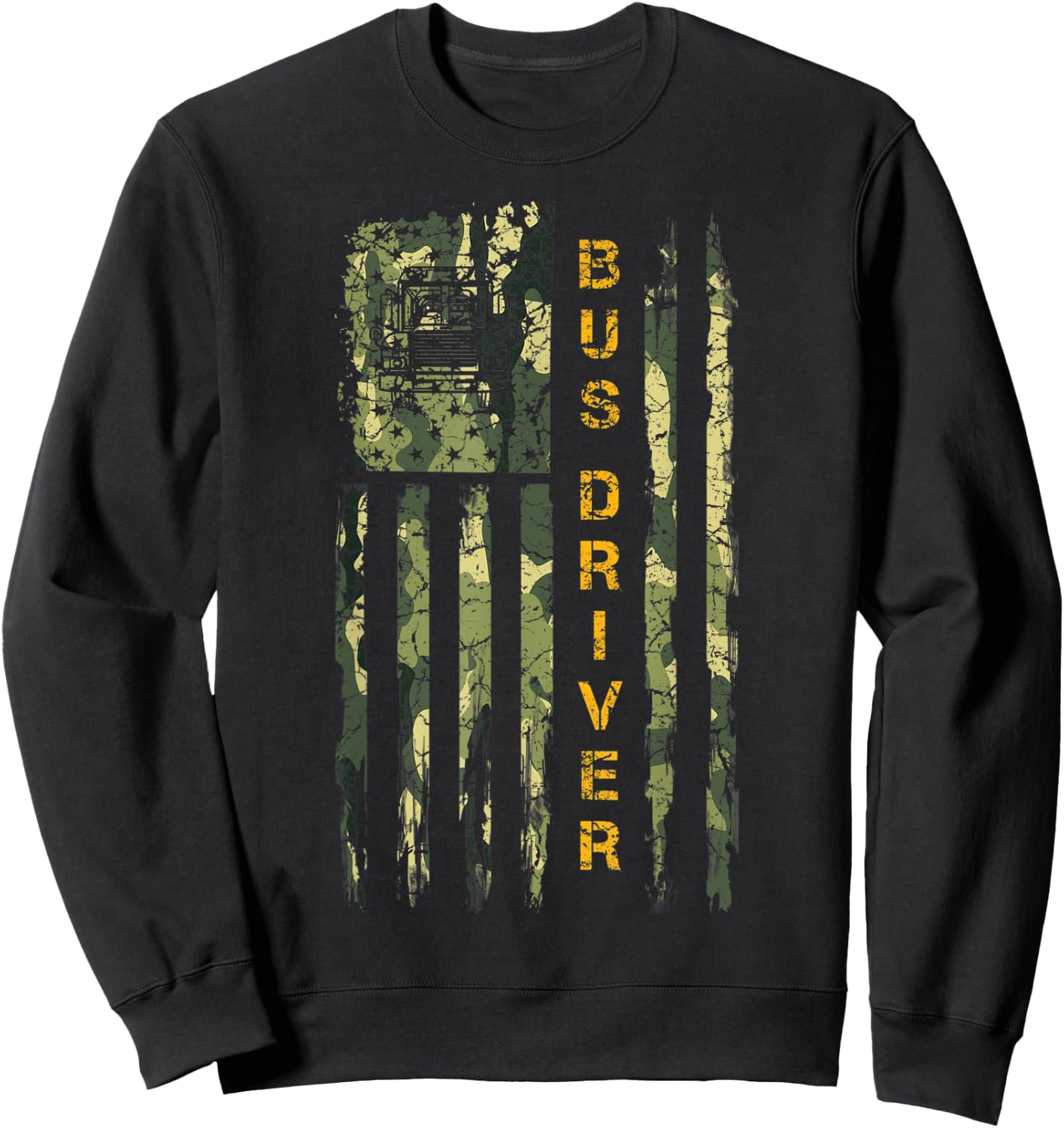 Vintage US Camo Flag School Bus Driver Silhouette Distressed Sweatshirt - Sweatshirt | Black