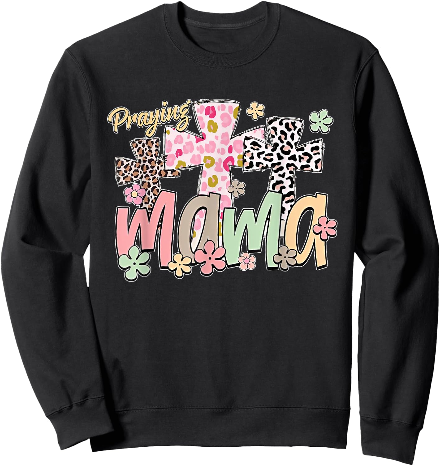 Praying Mama Retro Groovy Leopard Flowers Jesus Mama Women Sweatshirt - Sweatshirt | Black